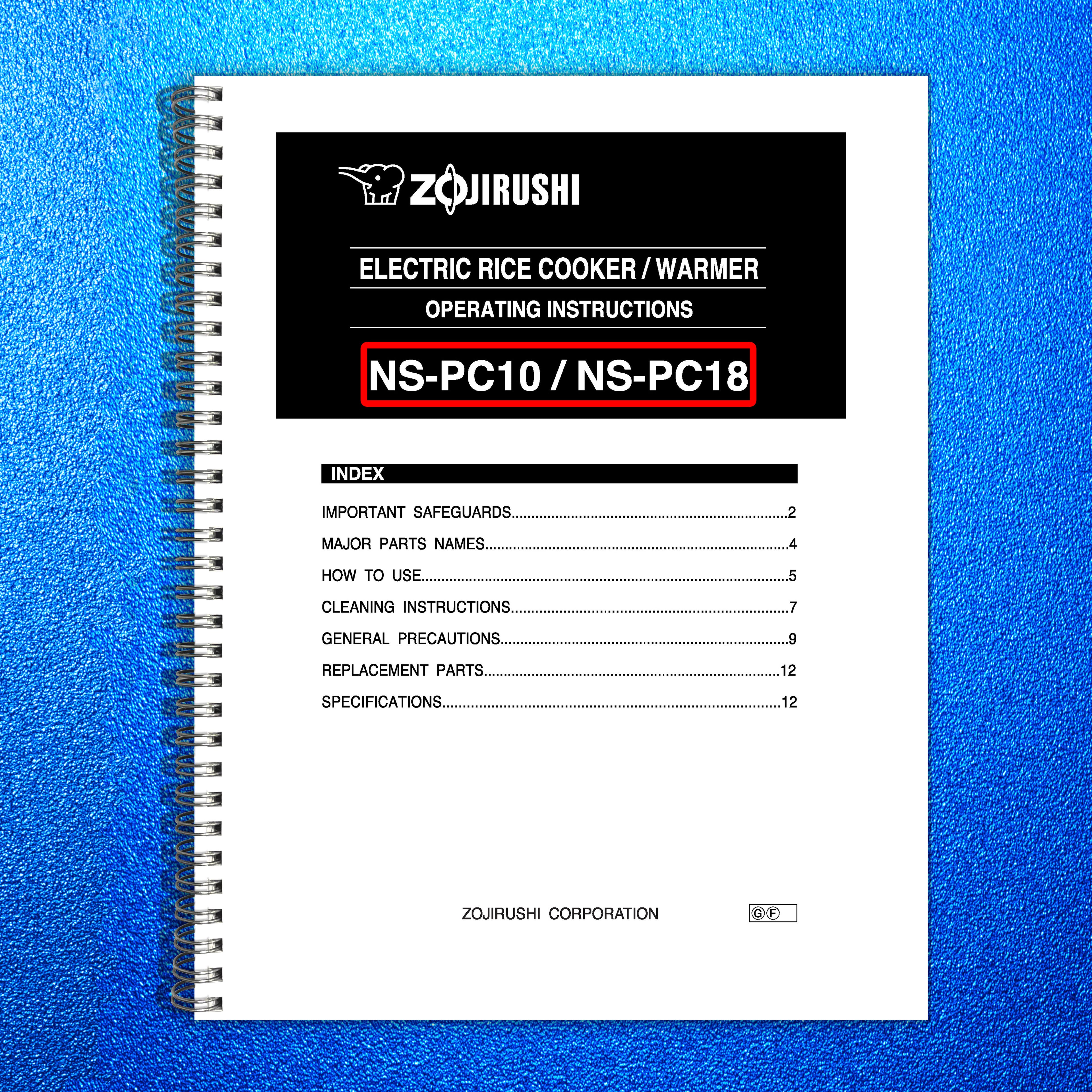 ZOJIRUSHI NS-PC10 18 Electric Rice Cooker  Operating Instructions Manual