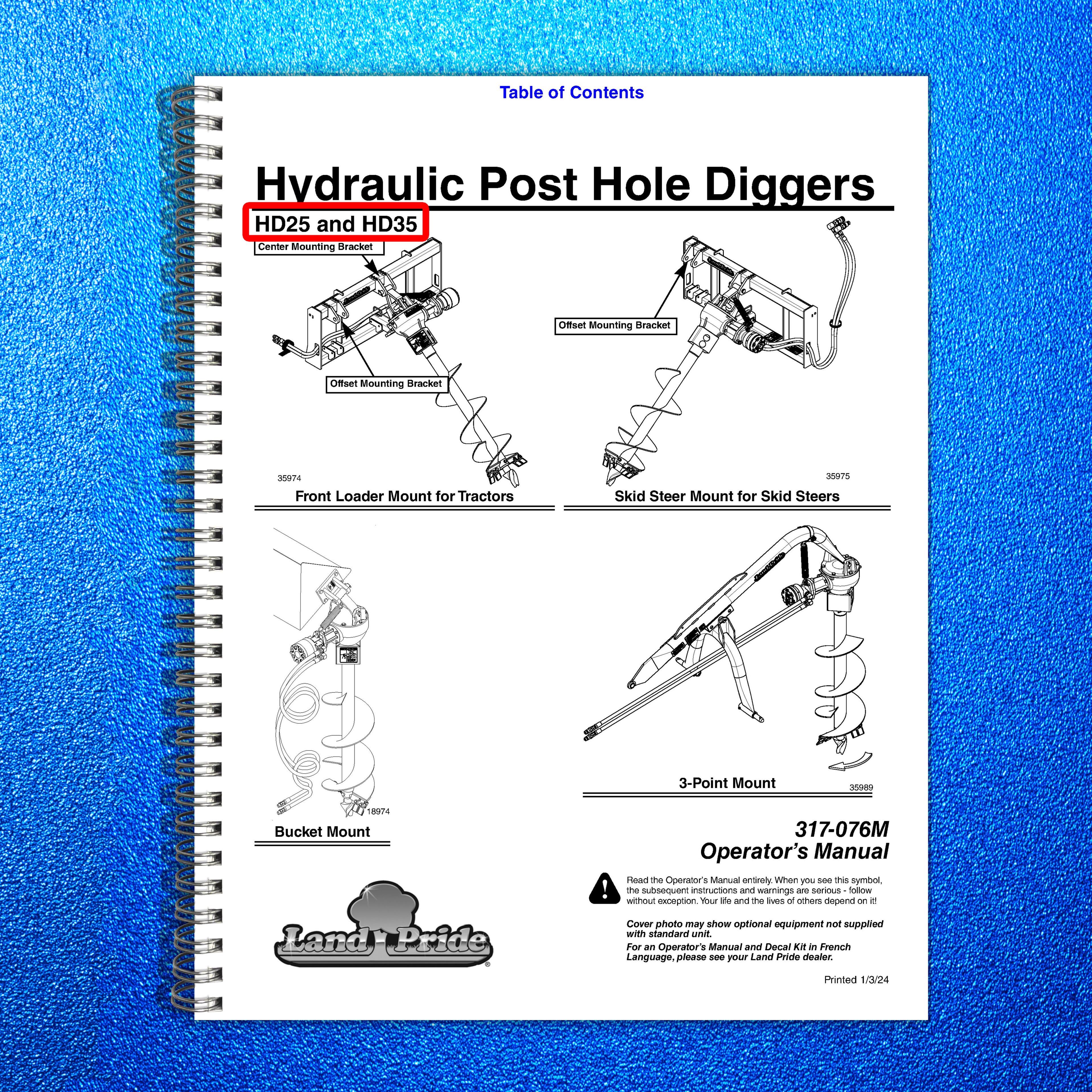 LAND PRIDE HD25 Series Post Hole Diggers Operators Manual - WIRE BOUND - COVERS