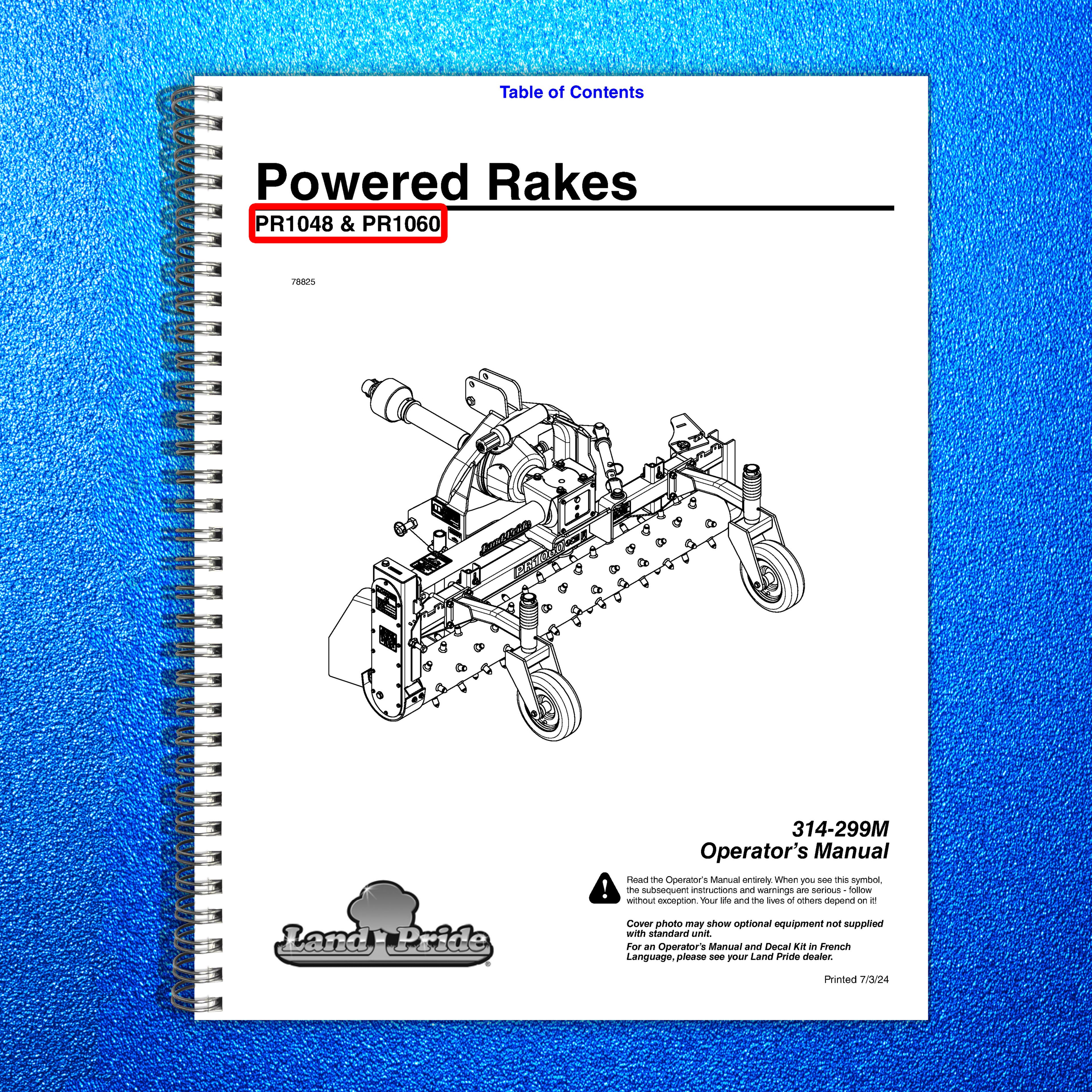 LAND PRIDE PR10 Series Powered Rake Operators Manual - WIRE BOUND - TOUGH COVERS