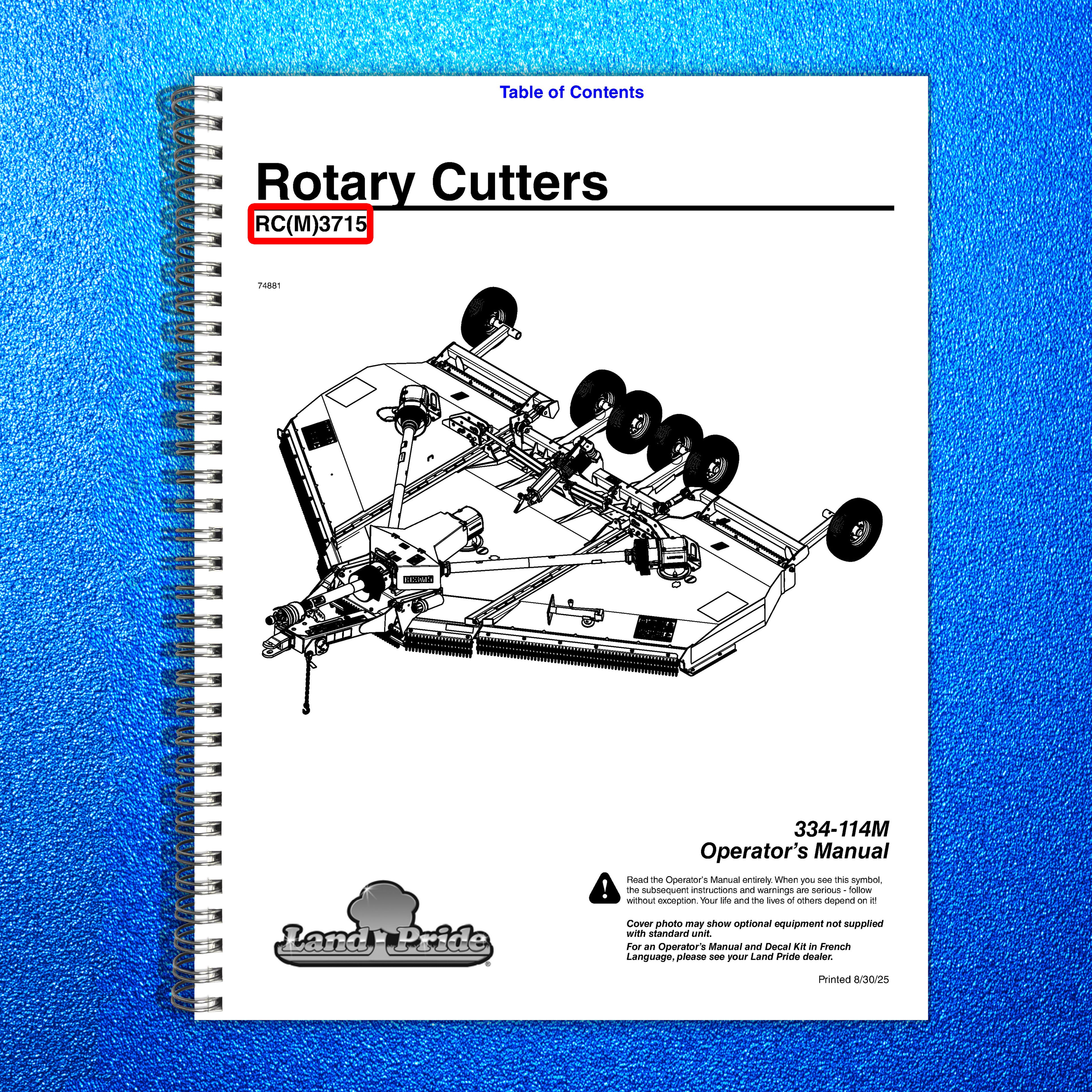 LAND PRIDE RC3715 RCM3715 Rotary Cutters Operators Manual - WIRE BOUND - COVERS