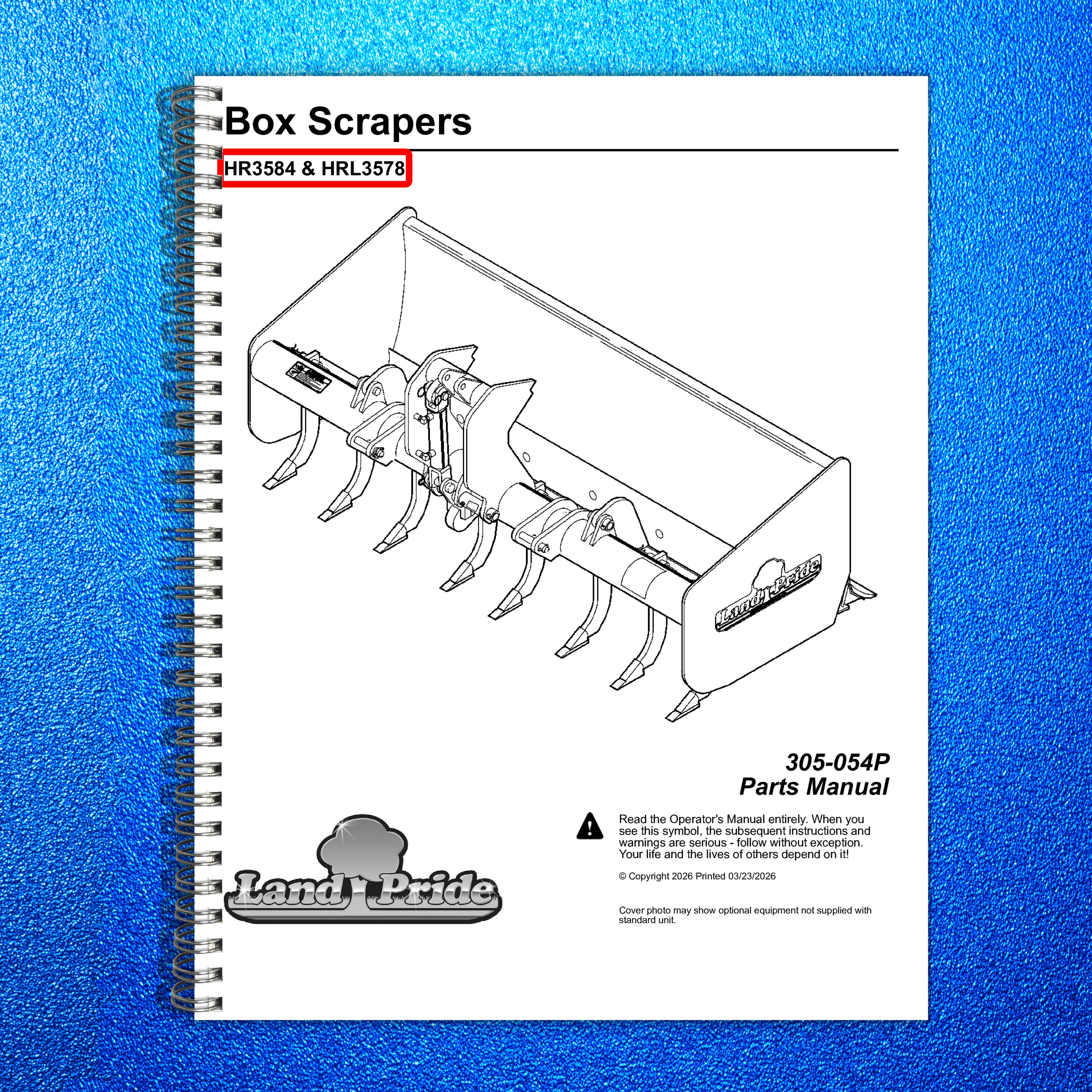 LAND PRIDE HR3584 Box Scrapers Parts Manual 2026 - WIRE BOUND - TOUGH COVERS