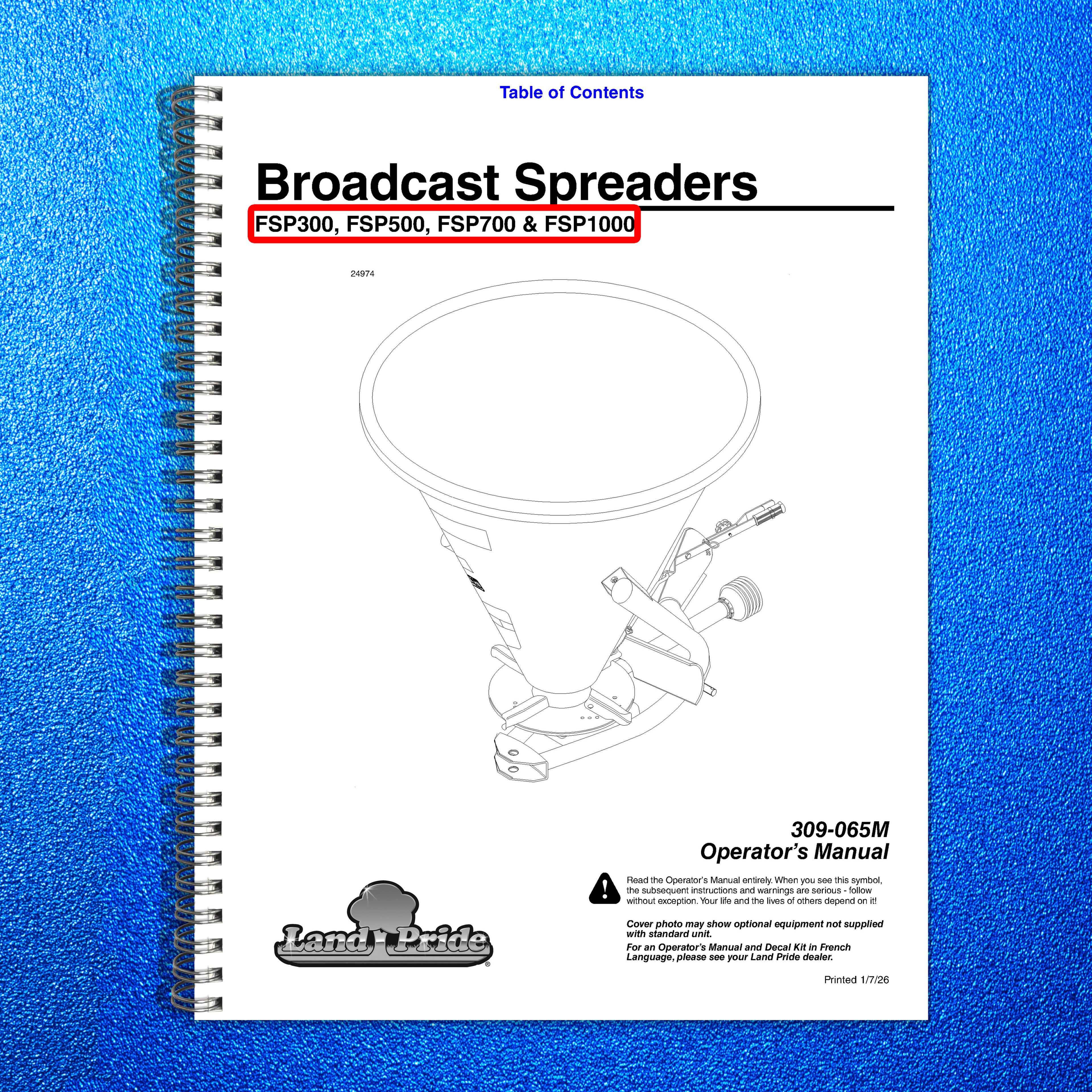 LAND PRIDE FSP Series Spreaders Operators Manual - WIRE BOUND - TOUGH COVERS