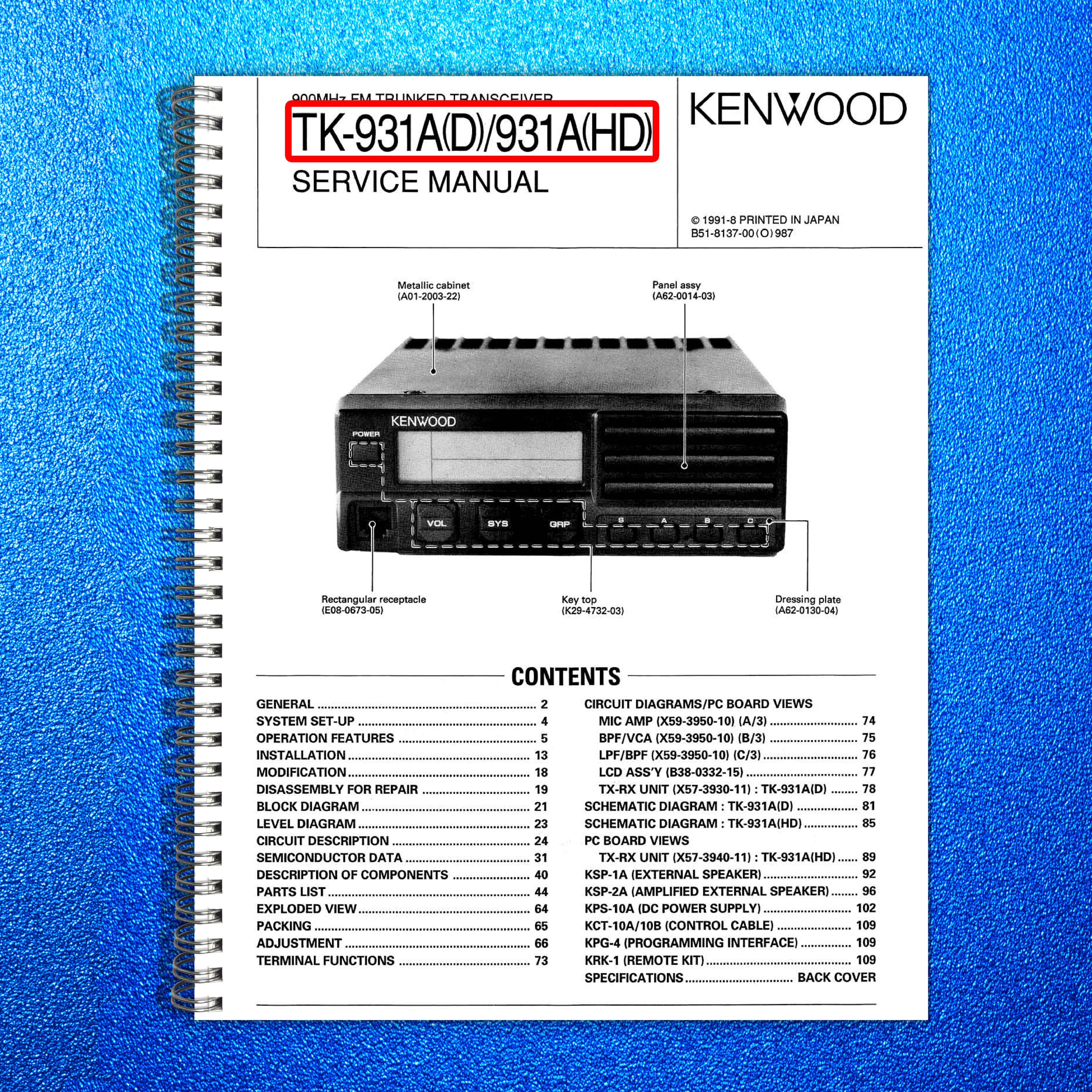 KENWOOD TK-931A UHF FM Transceiver Service Manual - BOUND - COVERS - XL FOLDOUTS