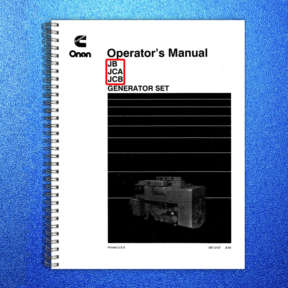 ONAN JB JCA JCB Generator Set Operators Manual 1994 - WIRE BOUND - TOUGH COVERS