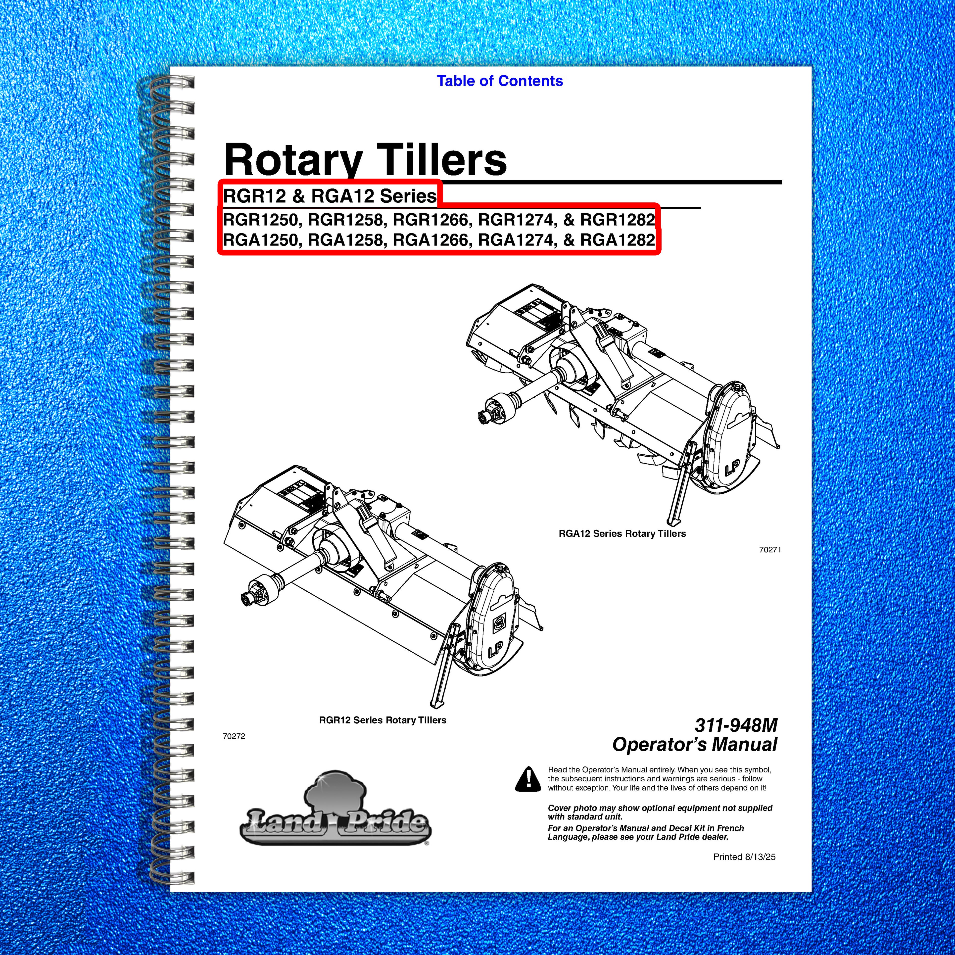 LAND PRIDE RGA12 RGR12 Series Gear Drive Rotary Tillers Operators Manual - BOUND