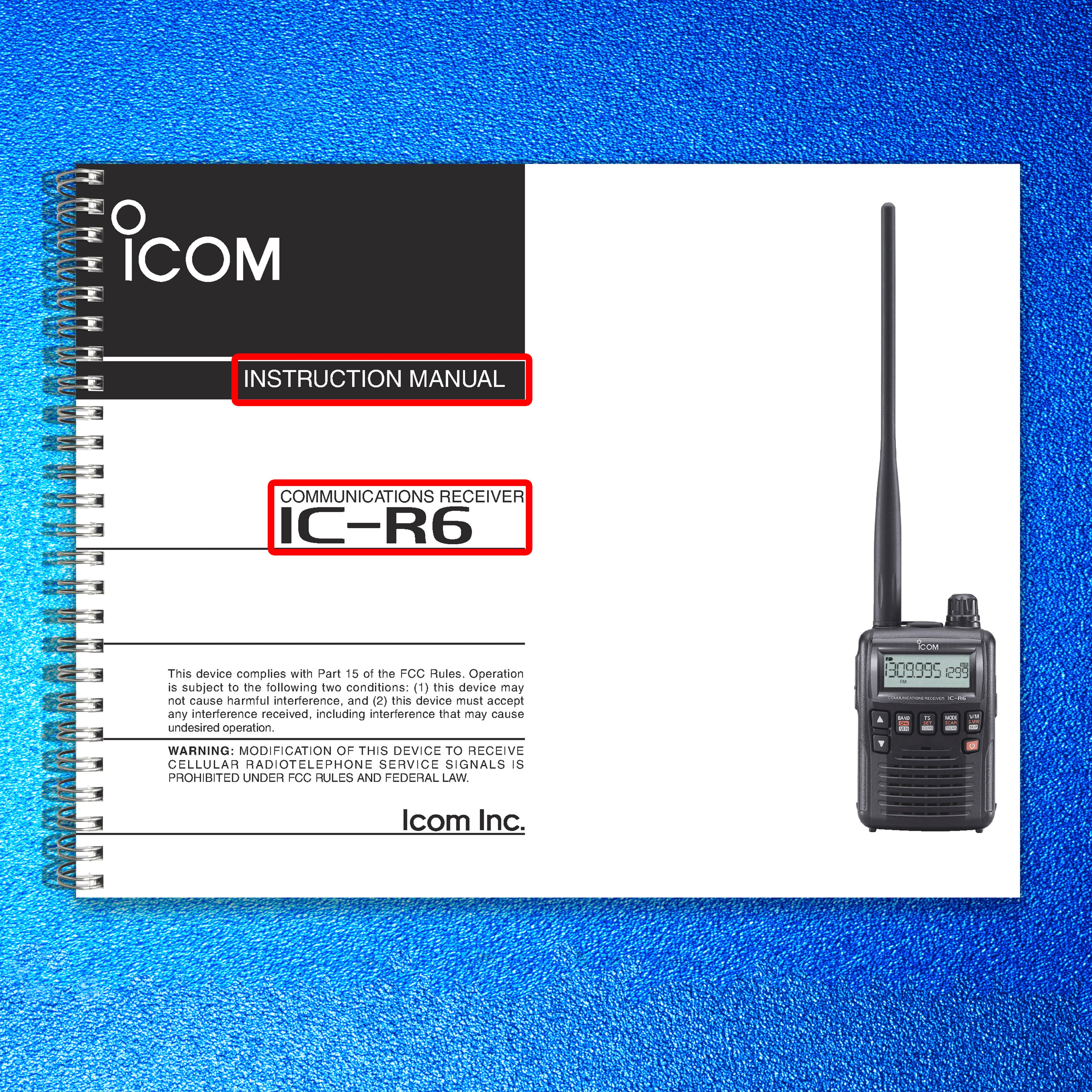 ICOM IC-R6 RECEIVER INSTRUCTION MANUAL -STEEL WIRE BOUND - PROTECTIVE COVERS