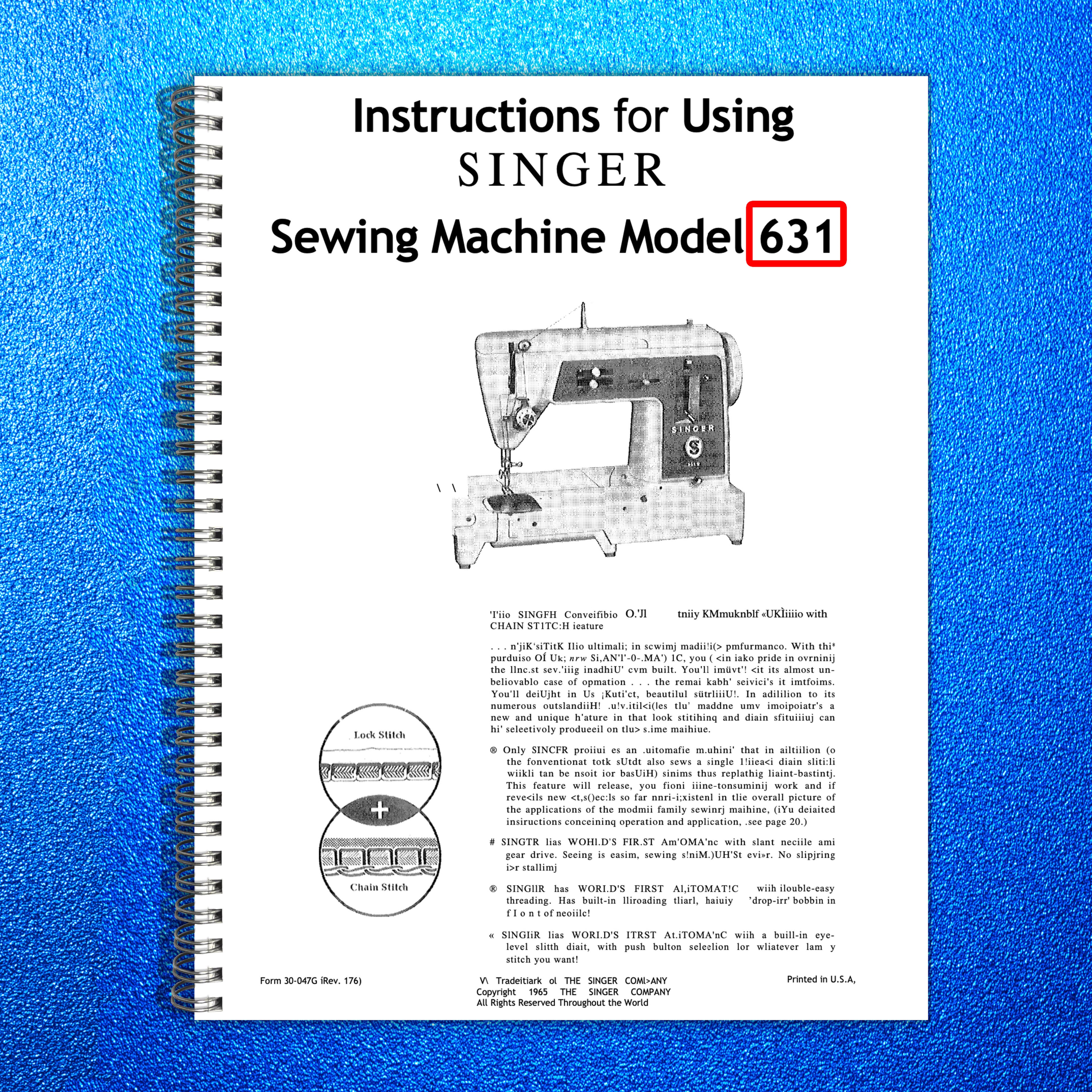 SINGER Model 631 Sewing Machine Instruction Manual - WIRE BOUND - TOUGH COVERS