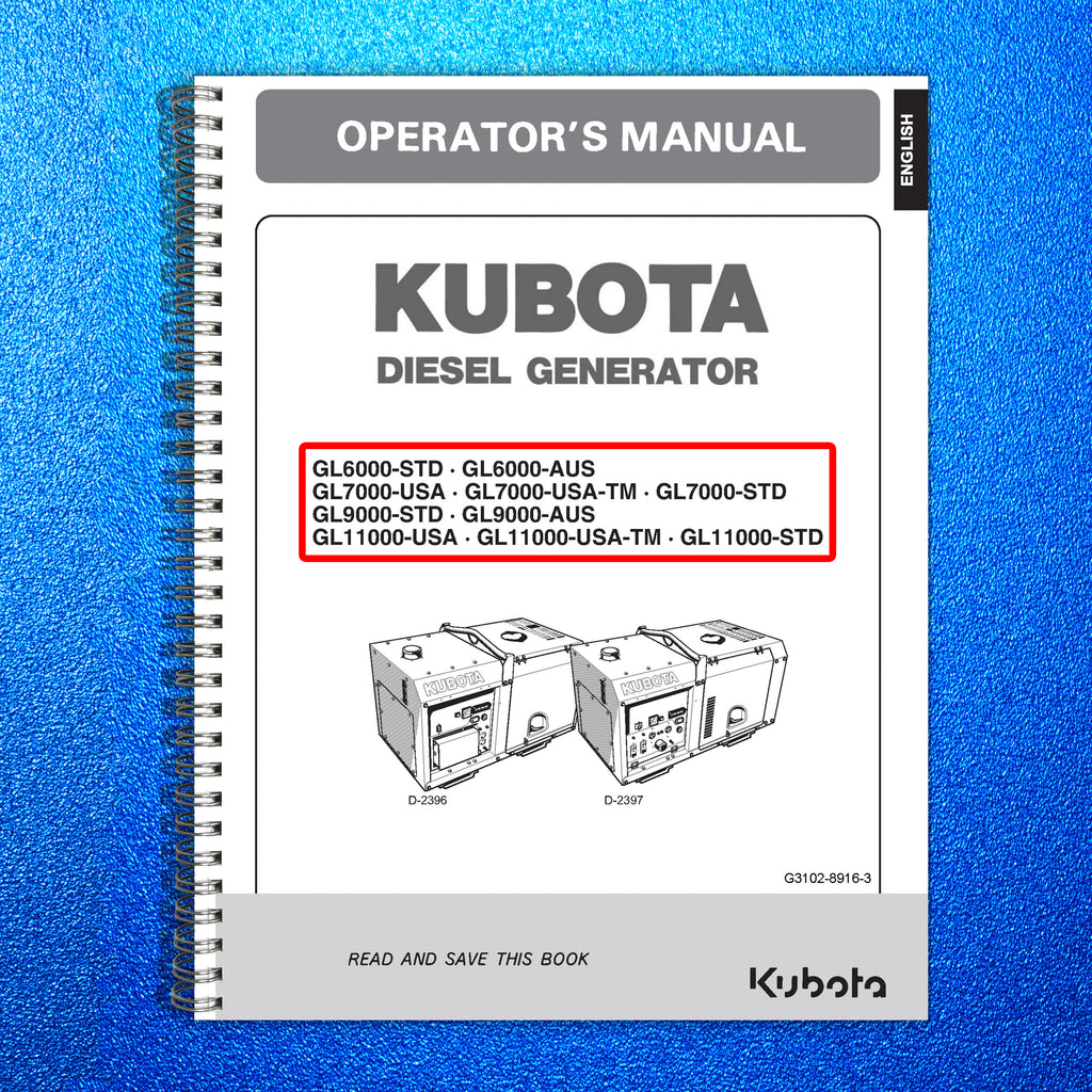 KUBOTA DIESEL GENERATOR GL6000-STD GL7000-USA 9000 11000 OPERATORS MANUAL, BOUND