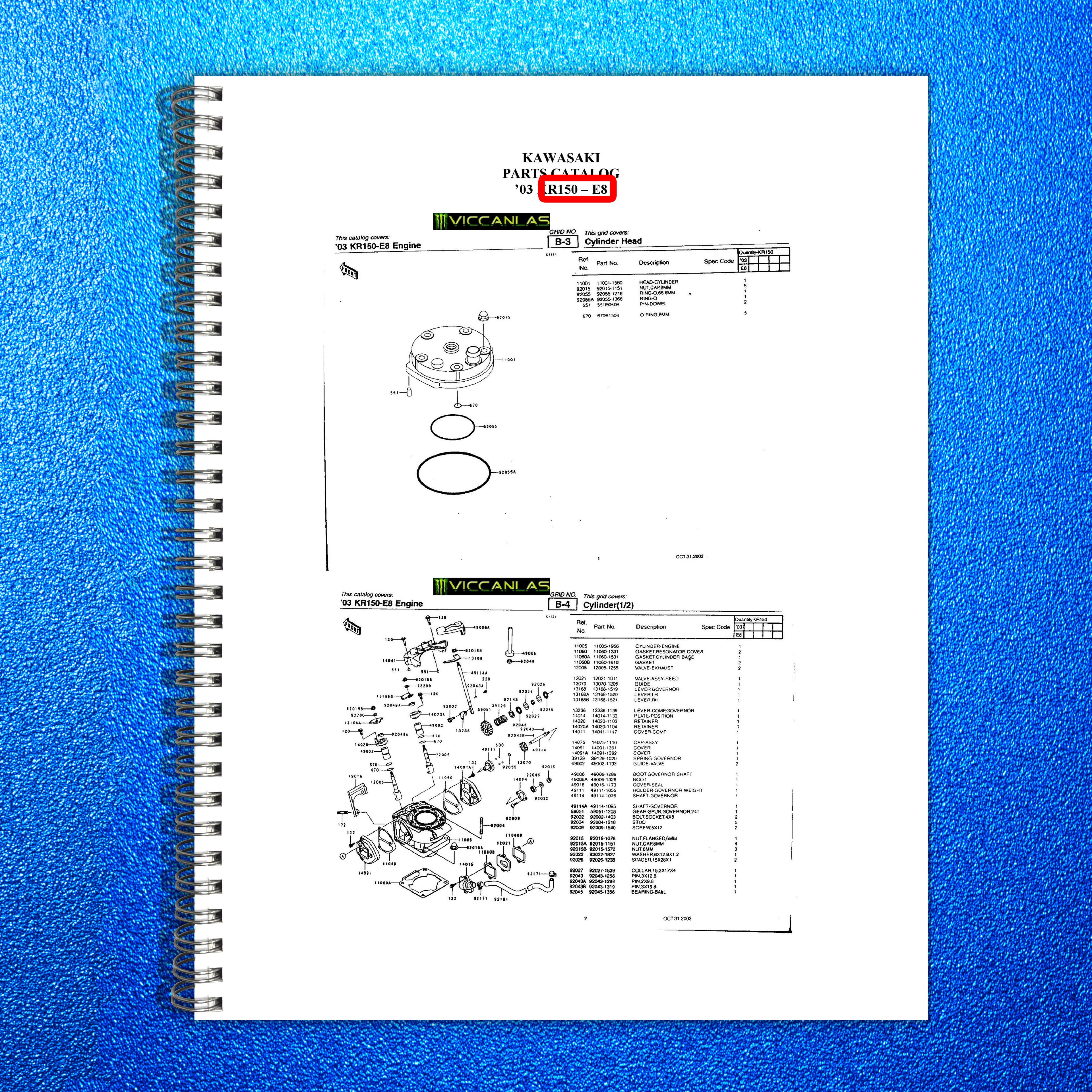 KAWASAKI KR150 Parts Catalog Manual 2003 - STEEL WIRE BOUND - PROTECTIVE COVERS
