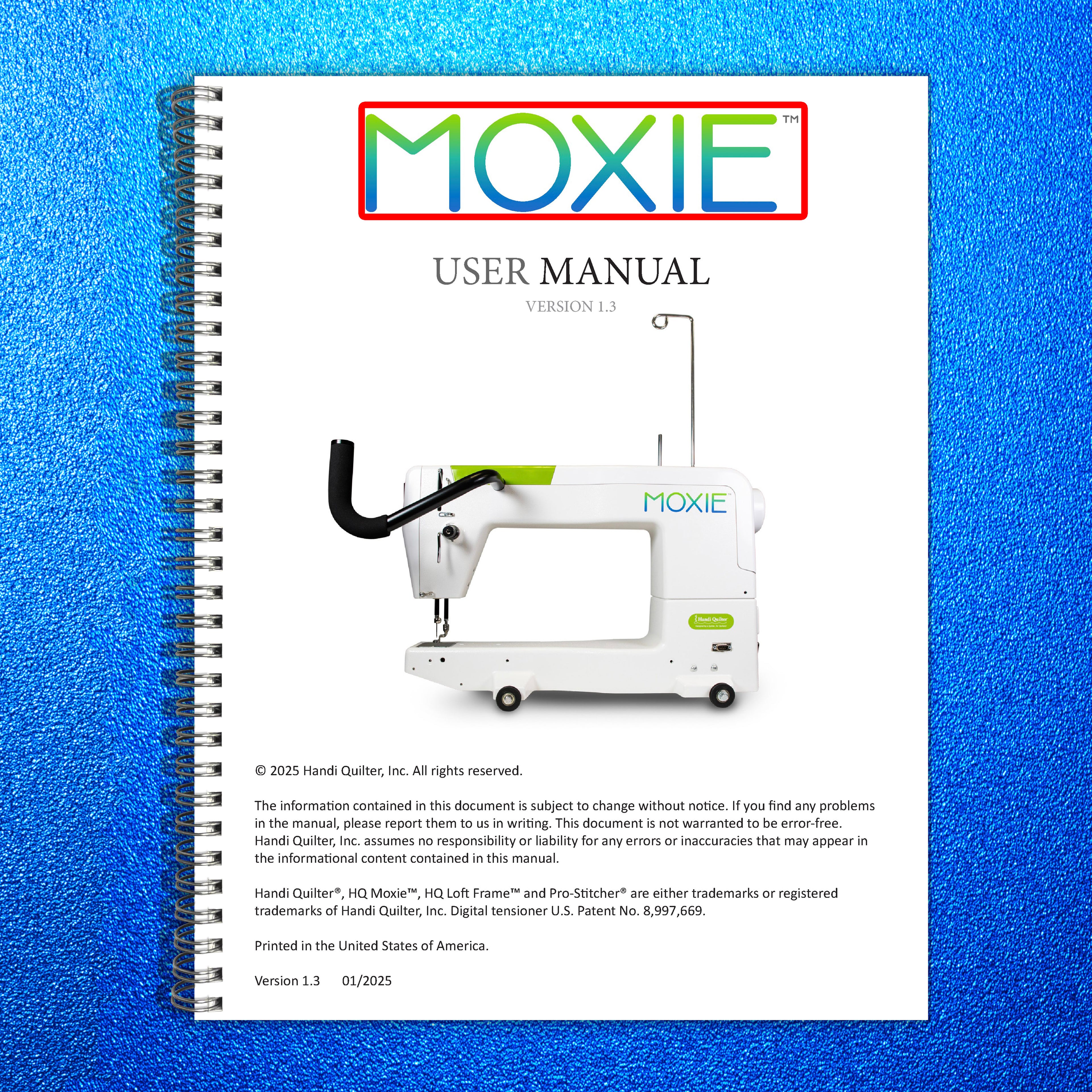 HANDI QUILTER Moxie User Manual 2025 - STEEL WIRE BOUND - PROTECTIVE COVERS