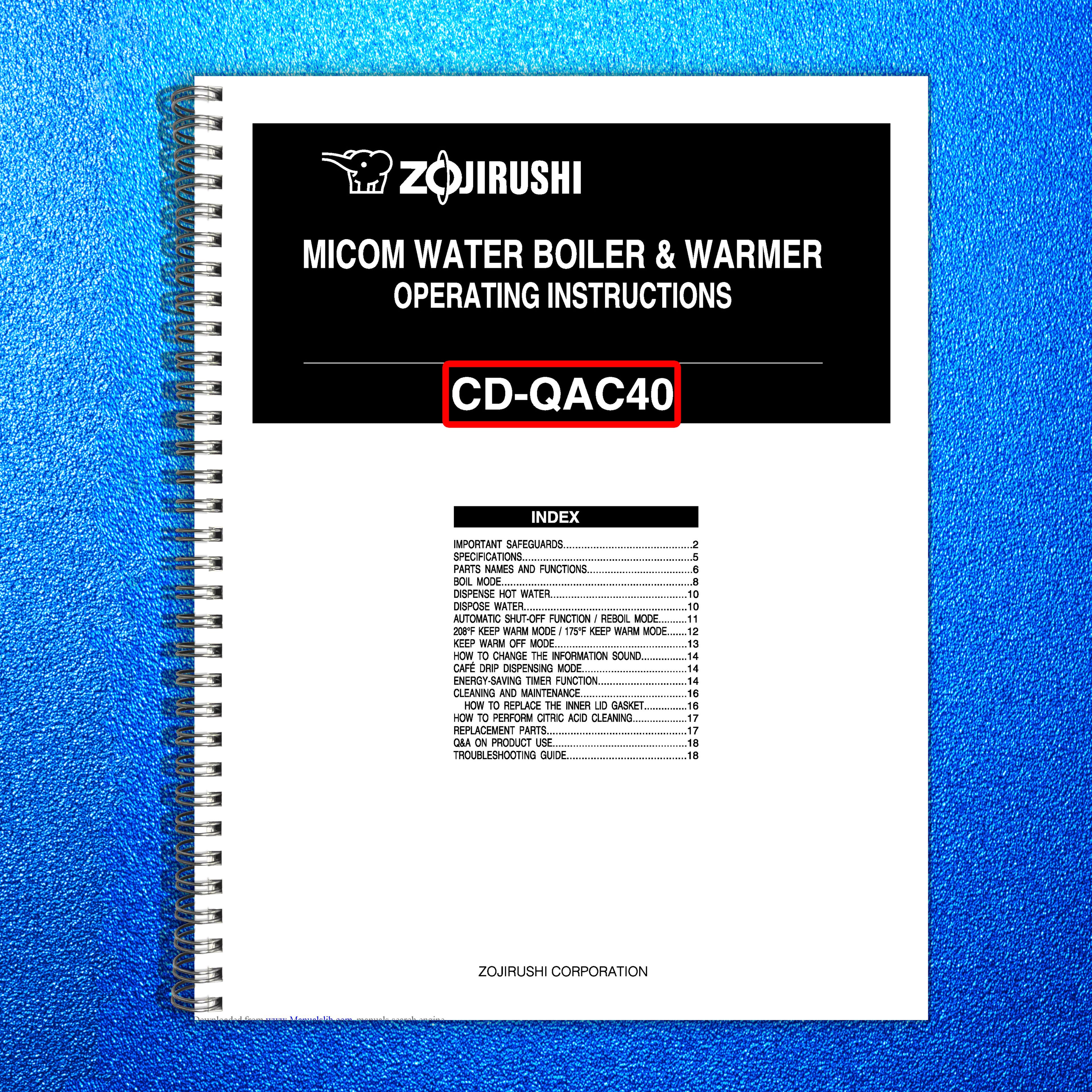 ZOJIRUSHI CD-QAC40 Micom Water Boiler Warmer Operating Instructions Manual