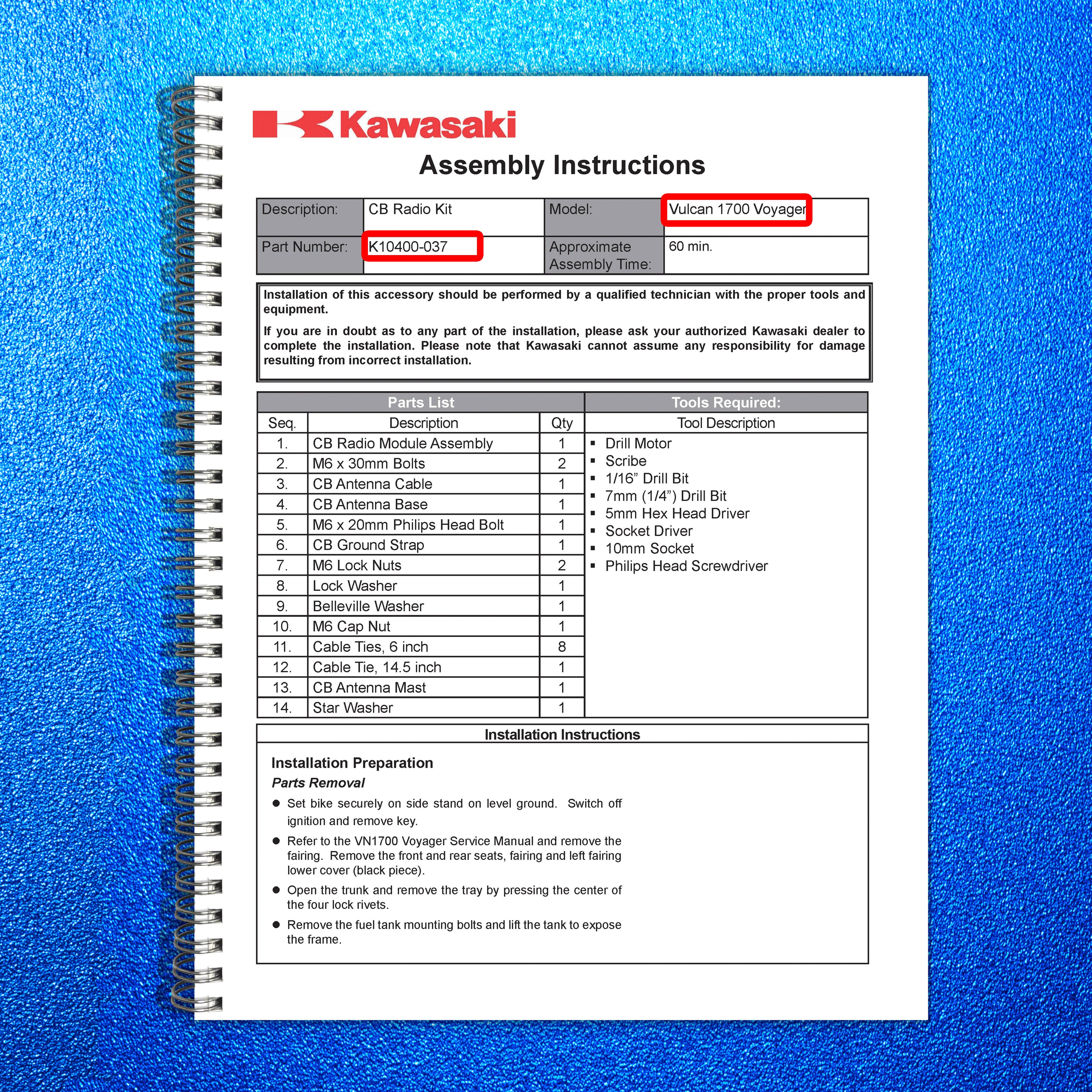 KAWASAKI Vulcan 1700 Voyager CB K10400-037 Installation Instructions Manual