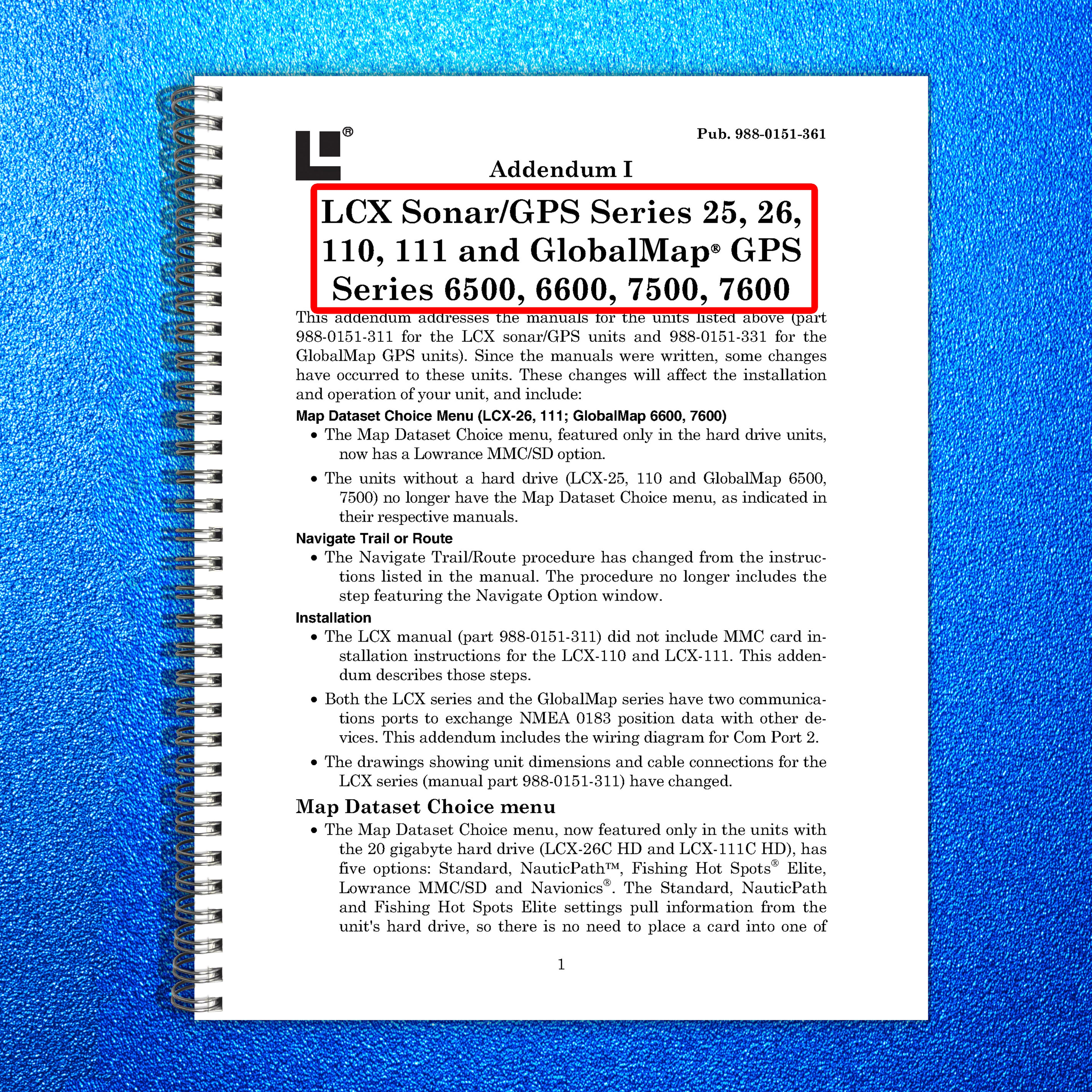 LOWRANCE LCX 25 26 110 111 GlobalMap 6500 6600 7500 7600 Manual Addendum - BOUND