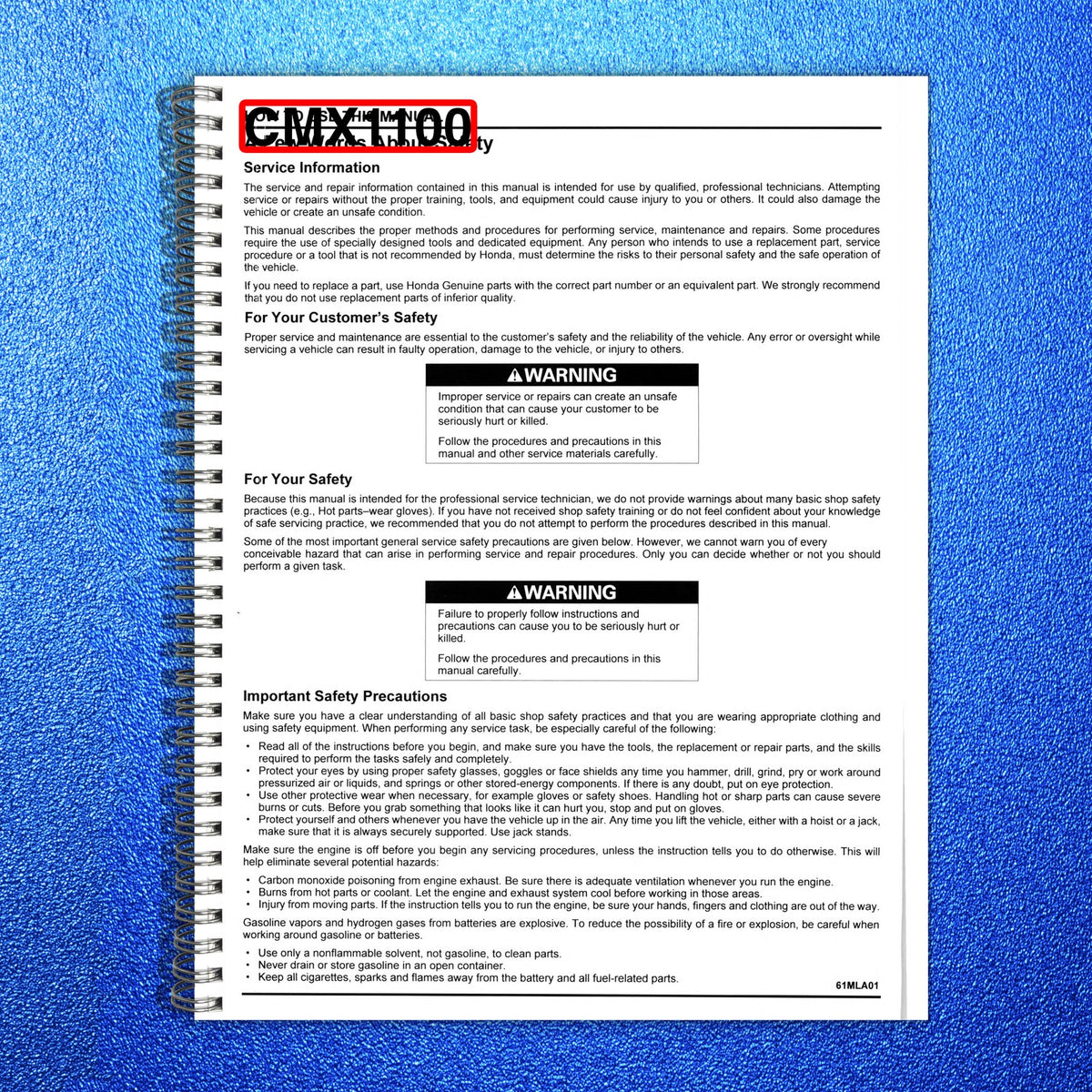 HONDA CMX1100 Motorcycle Service Manual - STEEL WIRE BOUND - PROTECTIVE COVERS