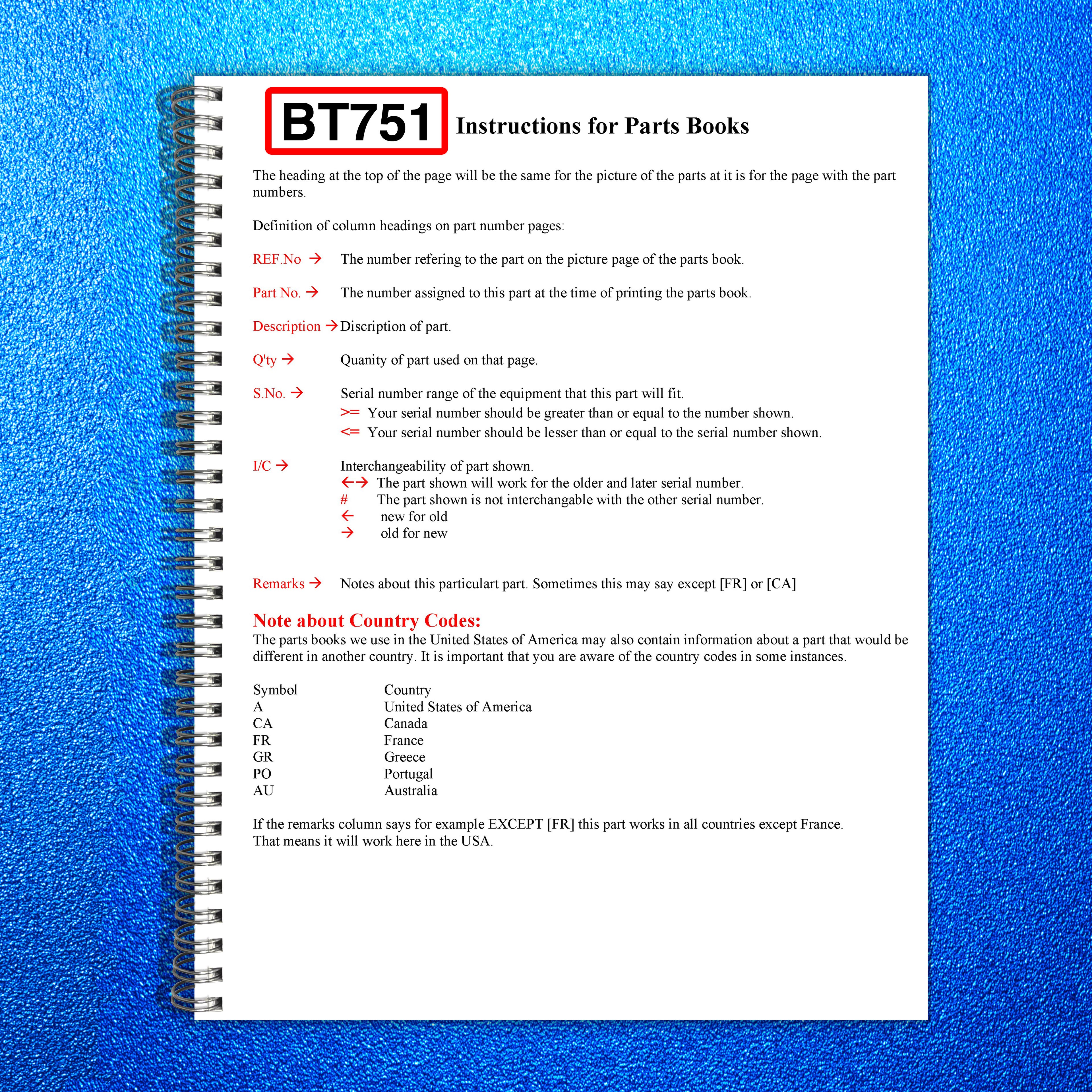 TEREX BT751 Backhoe Illustrated Parts List Manual - WIRE BOUND - TOUGH COVERS