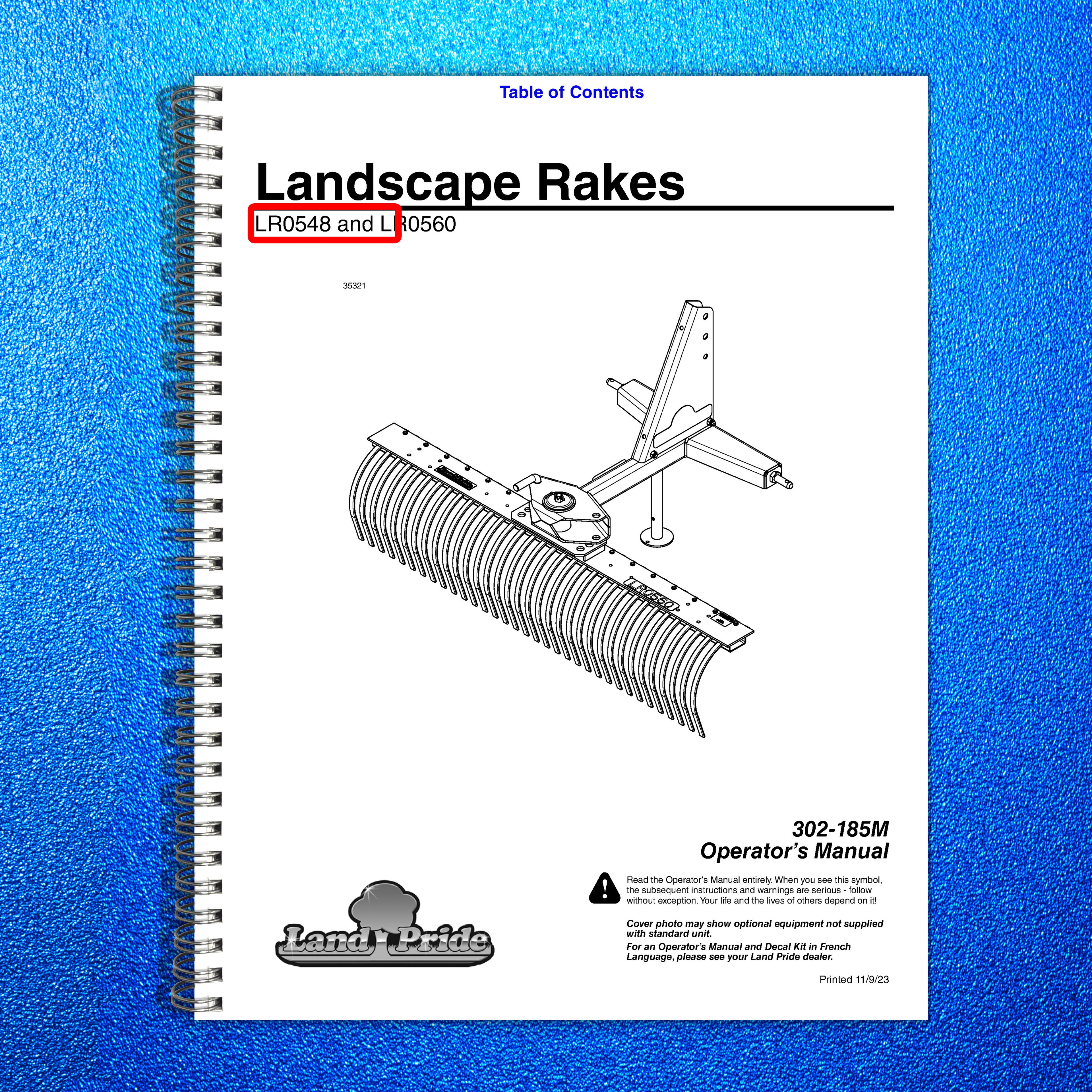 LAND PRIDE LR05 Series Landscape Rakes Operators Manual - WIRE BOUND - COVERS