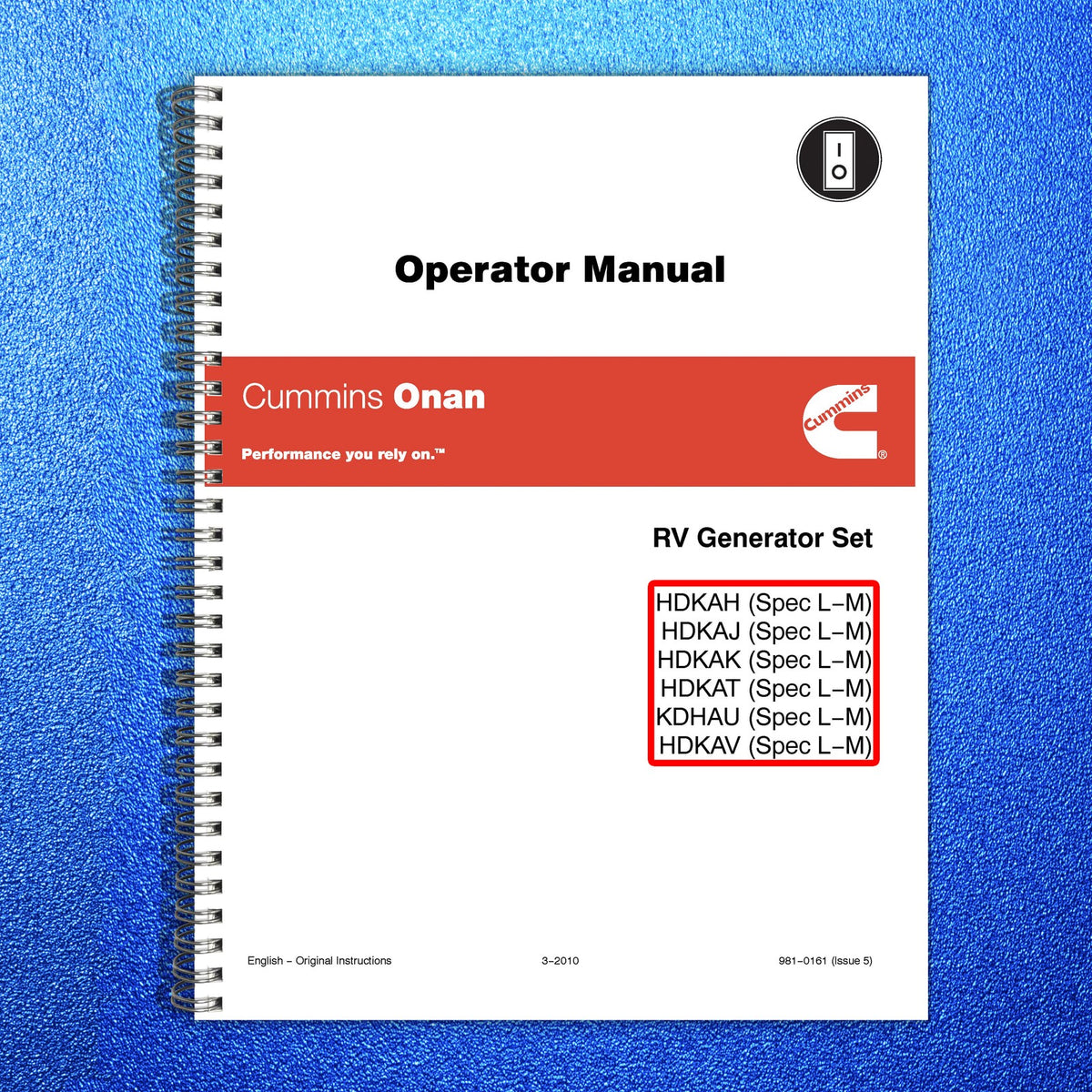 ONAN HDKAH HDKAJ HDKAK HDKAT KDHAU HDKAV Operator Manual 2010 - WIRE BOUND