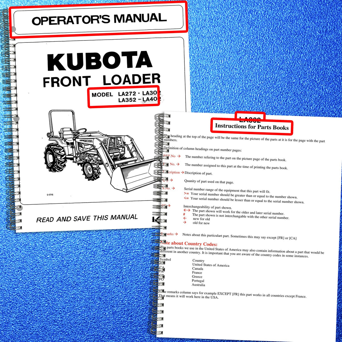 KUBOTA LA272 LA302 LA352 LA402 Operators & Parts Manual BUNDLE - WIRE BOUND