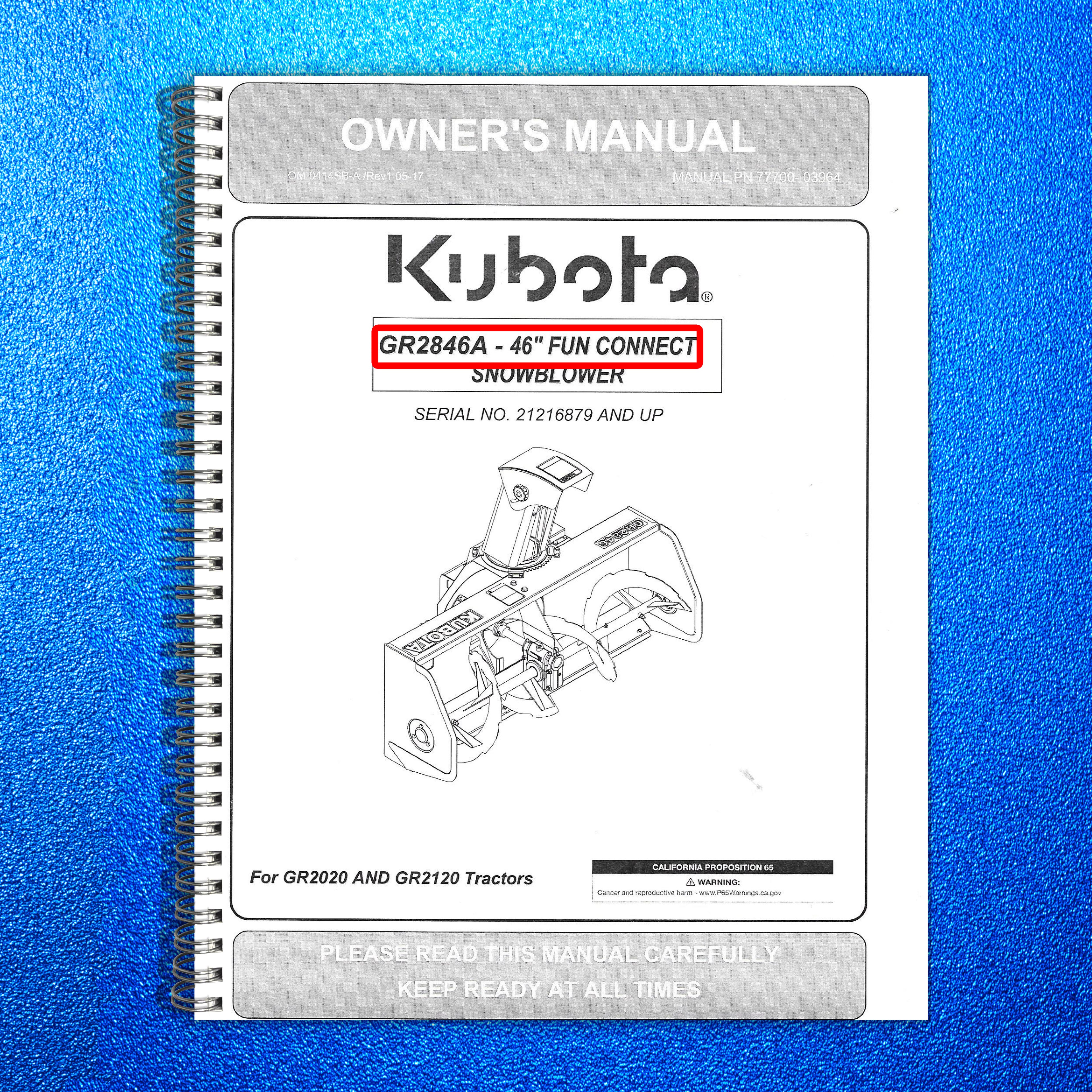 KUBOTA GR2846A 46 Inch Fun Connect Snowblower Manual - WIRE BOUND - TOUGH COVERS
