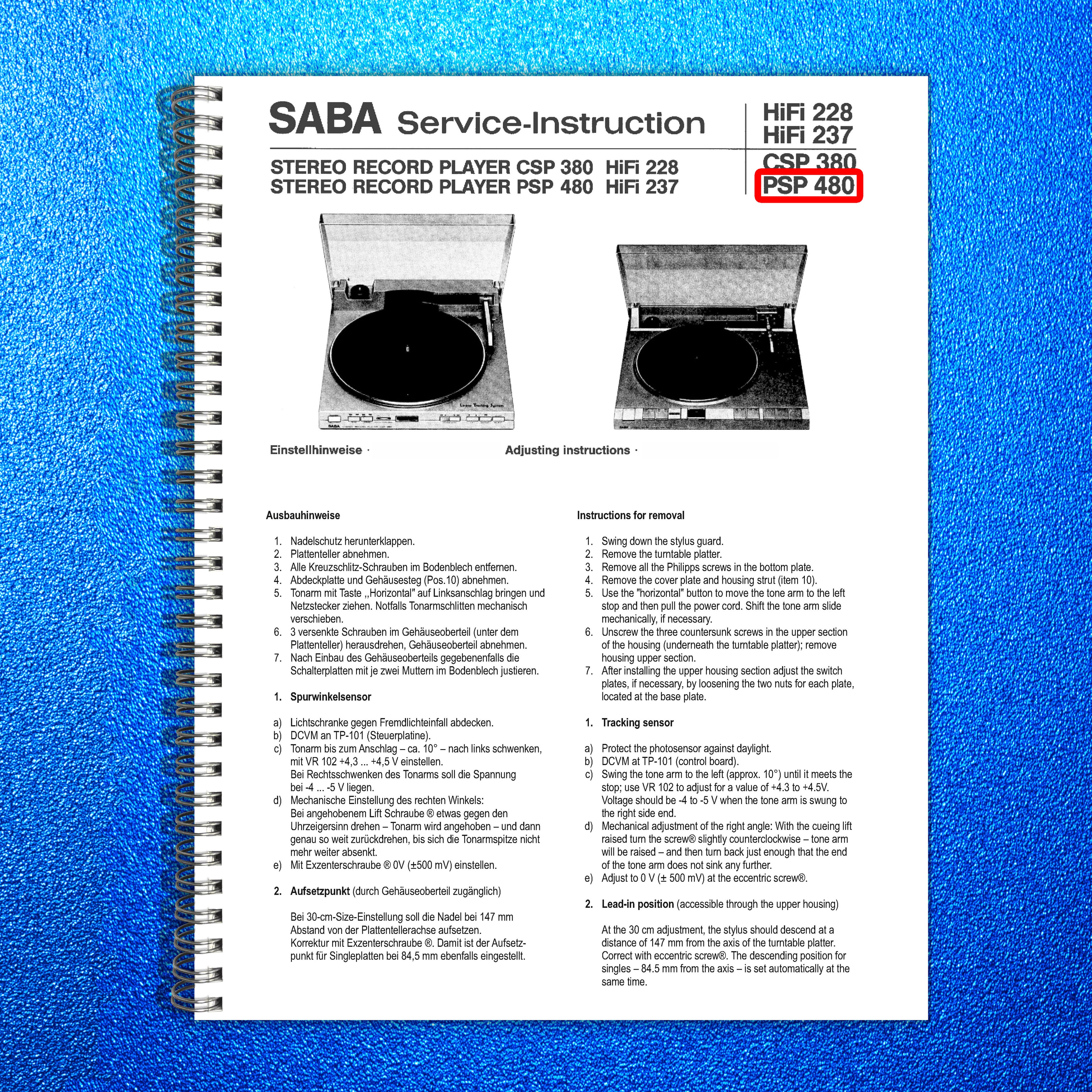 SABA PSP480 Turntable Service Manual - STEEL WIRE BOUND - PROTECTIVE COVERS
