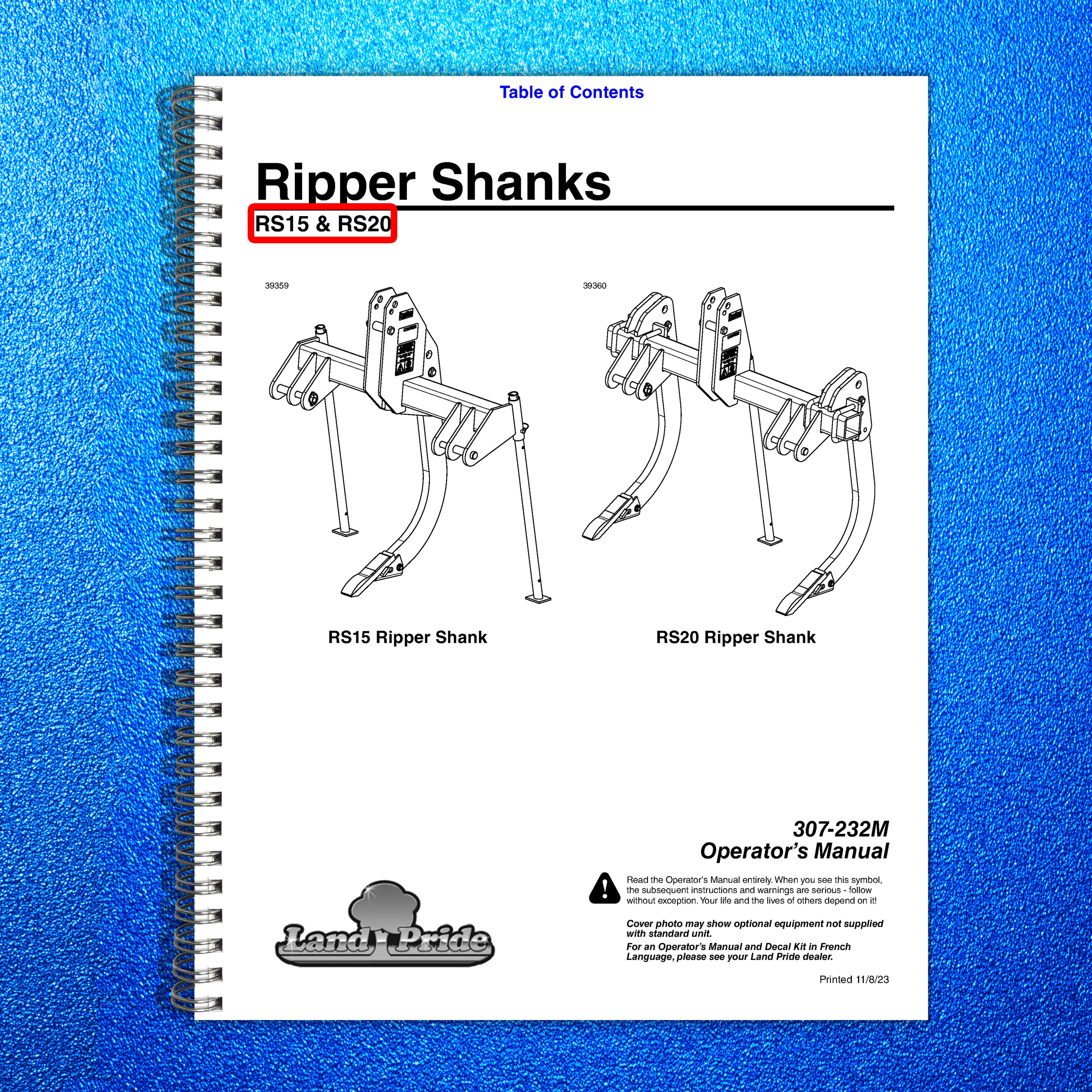 LAND PRIDE RS15 Series Ripper Shanks Operators Manual - WIRE BOUND - COVERS