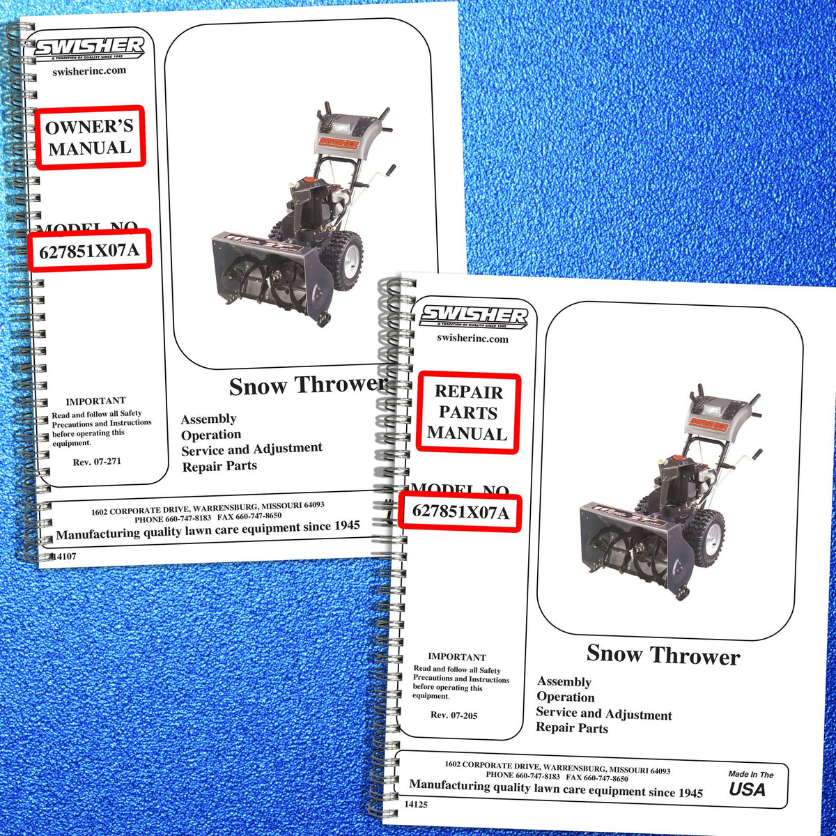 SWISHER 627851X07A Snow Thrower Owners Operators & Service & Parts Manual BUNDLE
