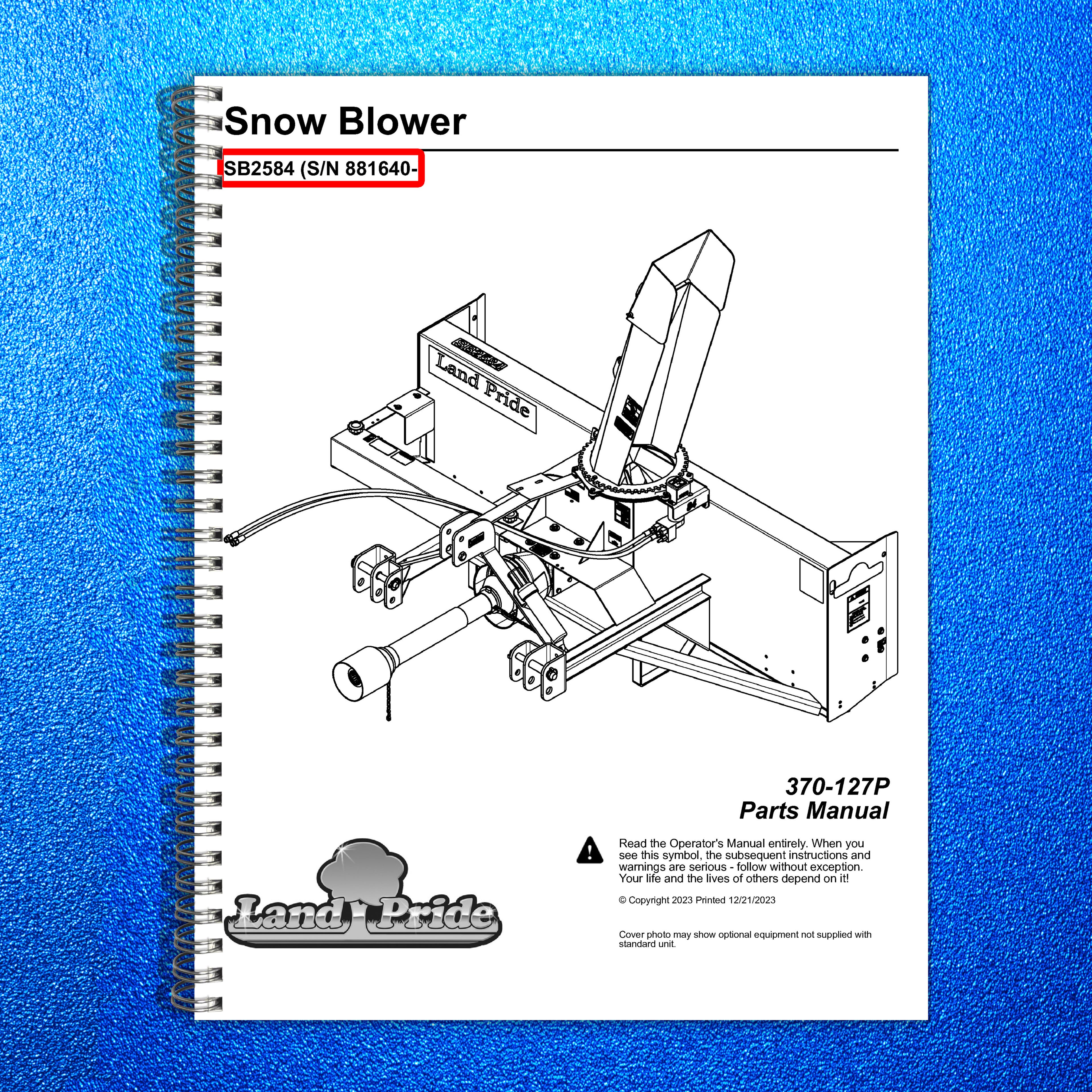LAND PRIDE SB25 Series Snow Blowers Parts Manual 2023 - WIRE BOUND - COVERS