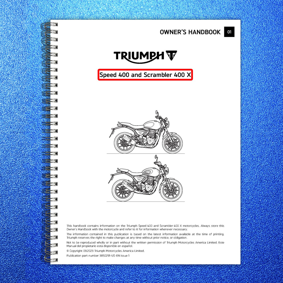 TRIUMPH Speed 400 Scrambler 400 X Owners Handbook Manual 2023 - WIRE BOUND