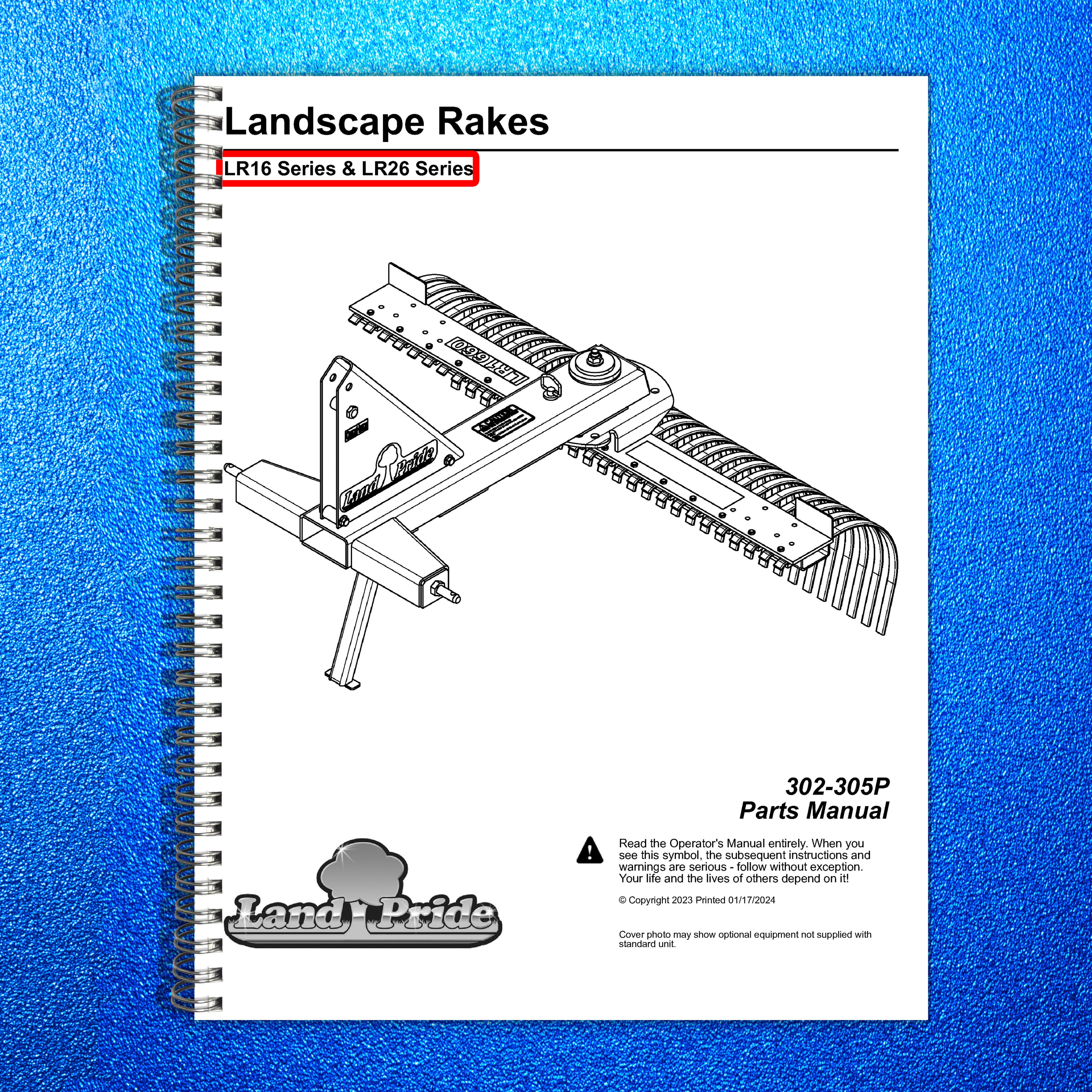 LAND PRIDE LR16 Series Landscape Rakes Parts Manual 2023 - WIRE BOUND - COVERS