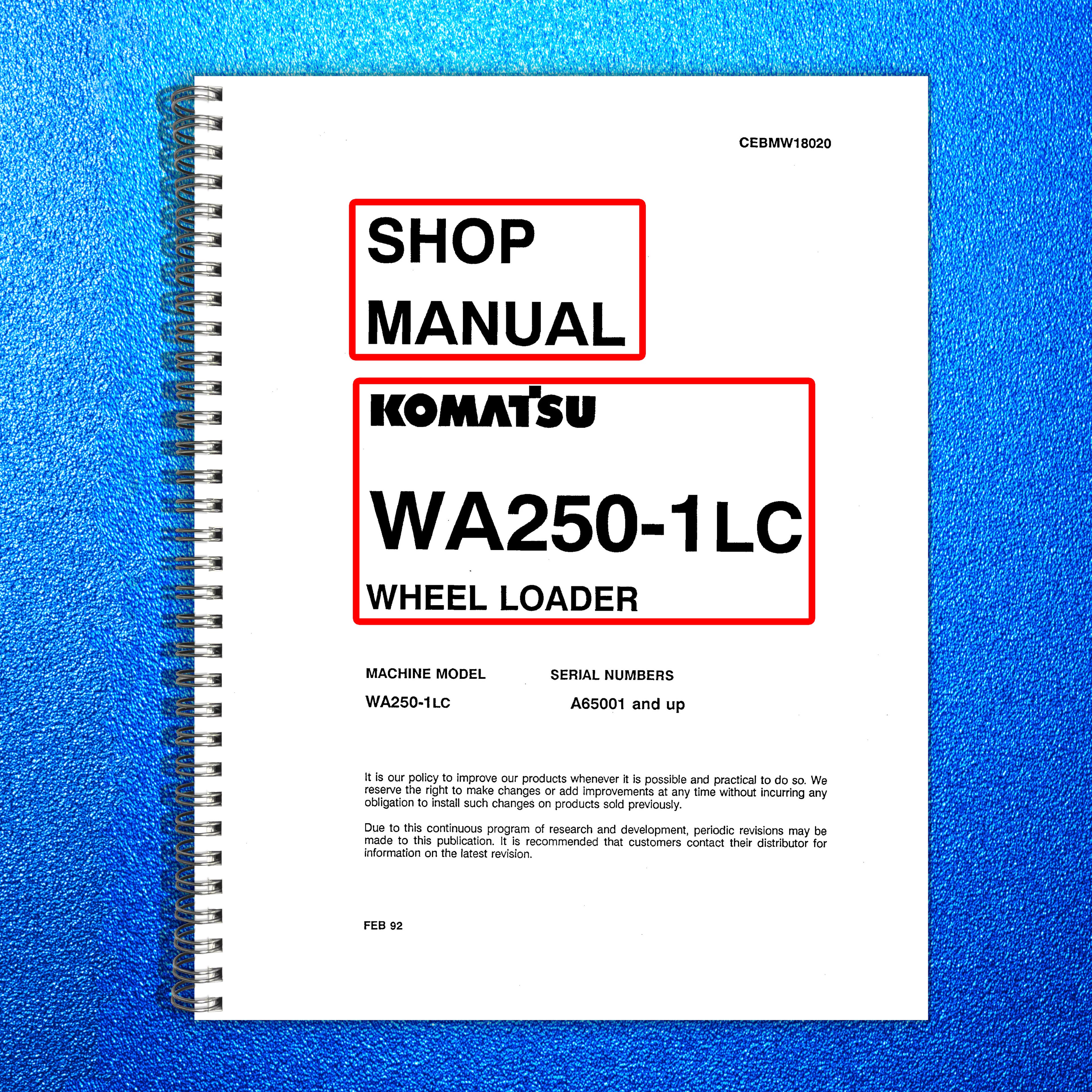 KOMATSU WA250-1LC Wheel Loader Shop Manual - BOUND - COVERS - XL FOLDOUT PAGES