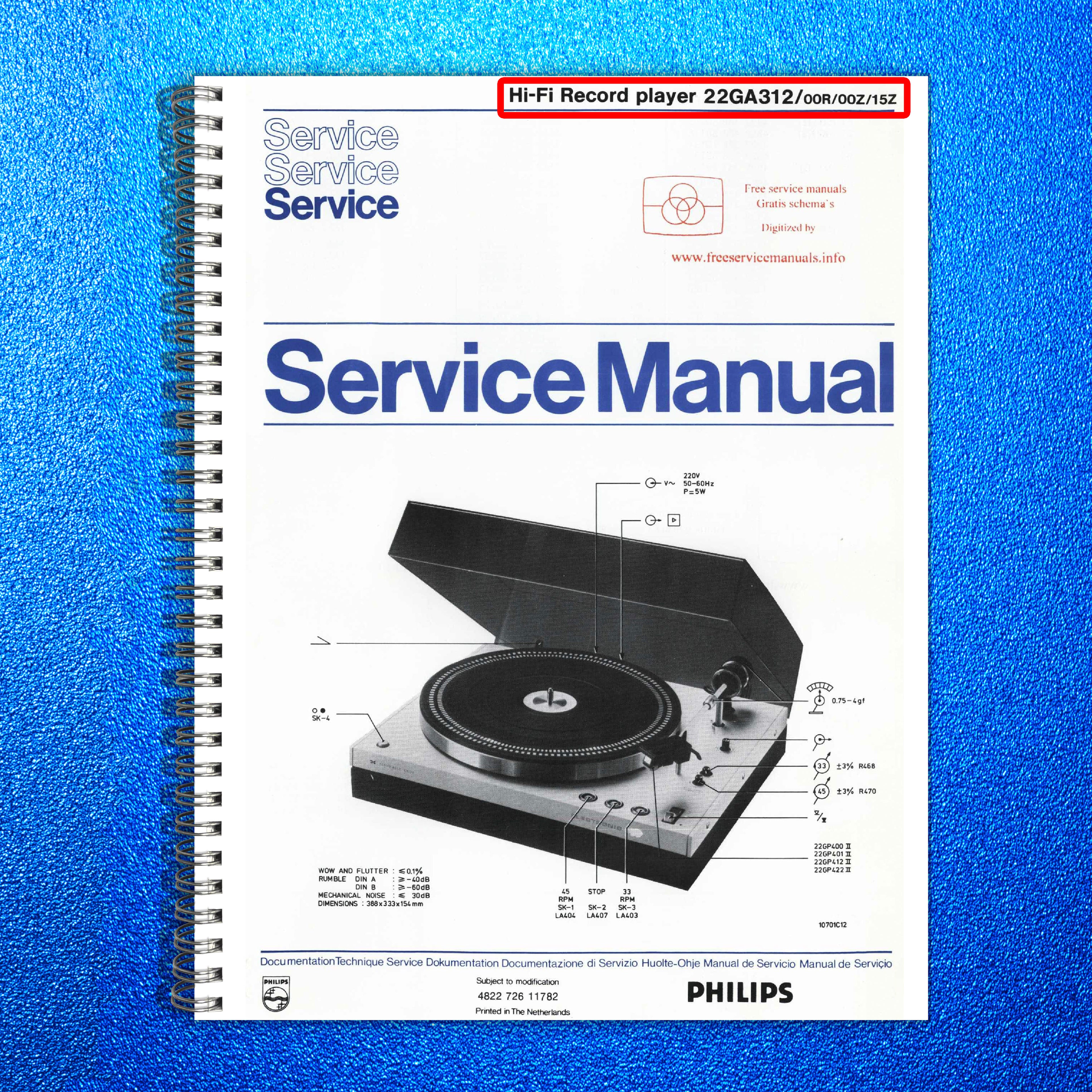 PHILIPS 22GA312 Hi-Fi Record Player Service Manual - WIRE BOUND - TOUGH COVERS