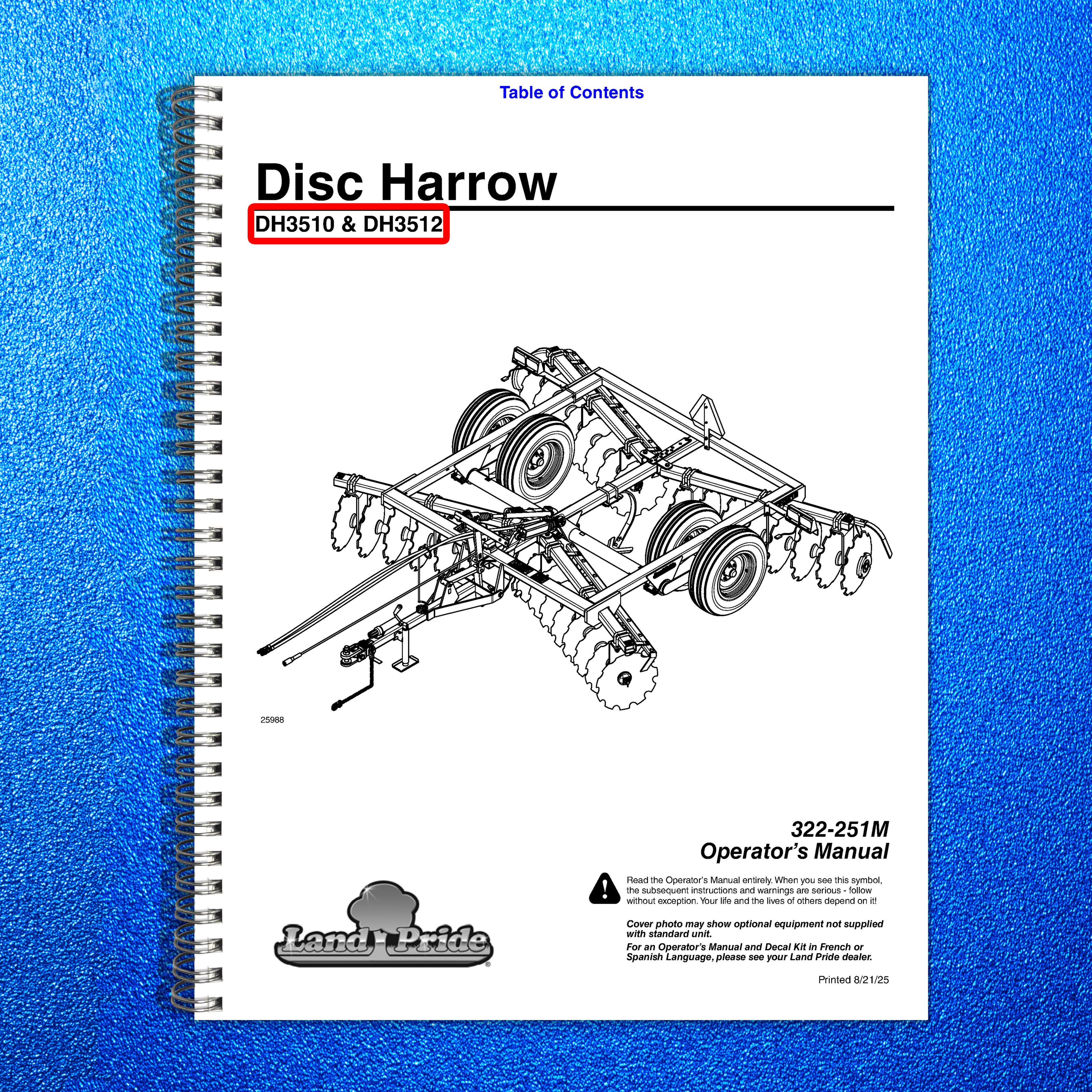 LAND PRIDE DH35 Series Disc Harrows Operators Manual - WIRE BOUND - TOUGH COVERS