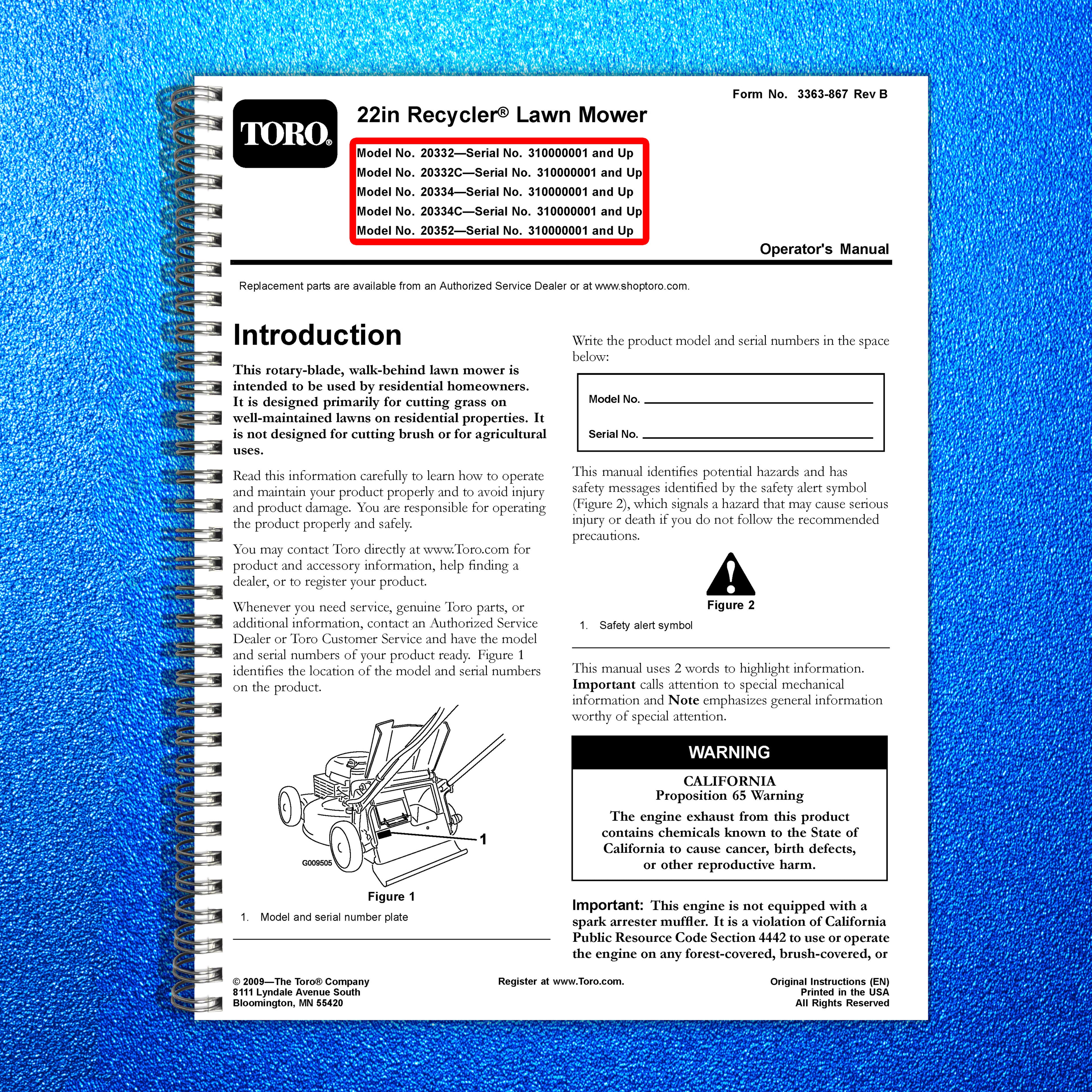 TORO 20332 20332C 20334 20334C 20352 Operators Manual SN 310000001 Up - BOUND