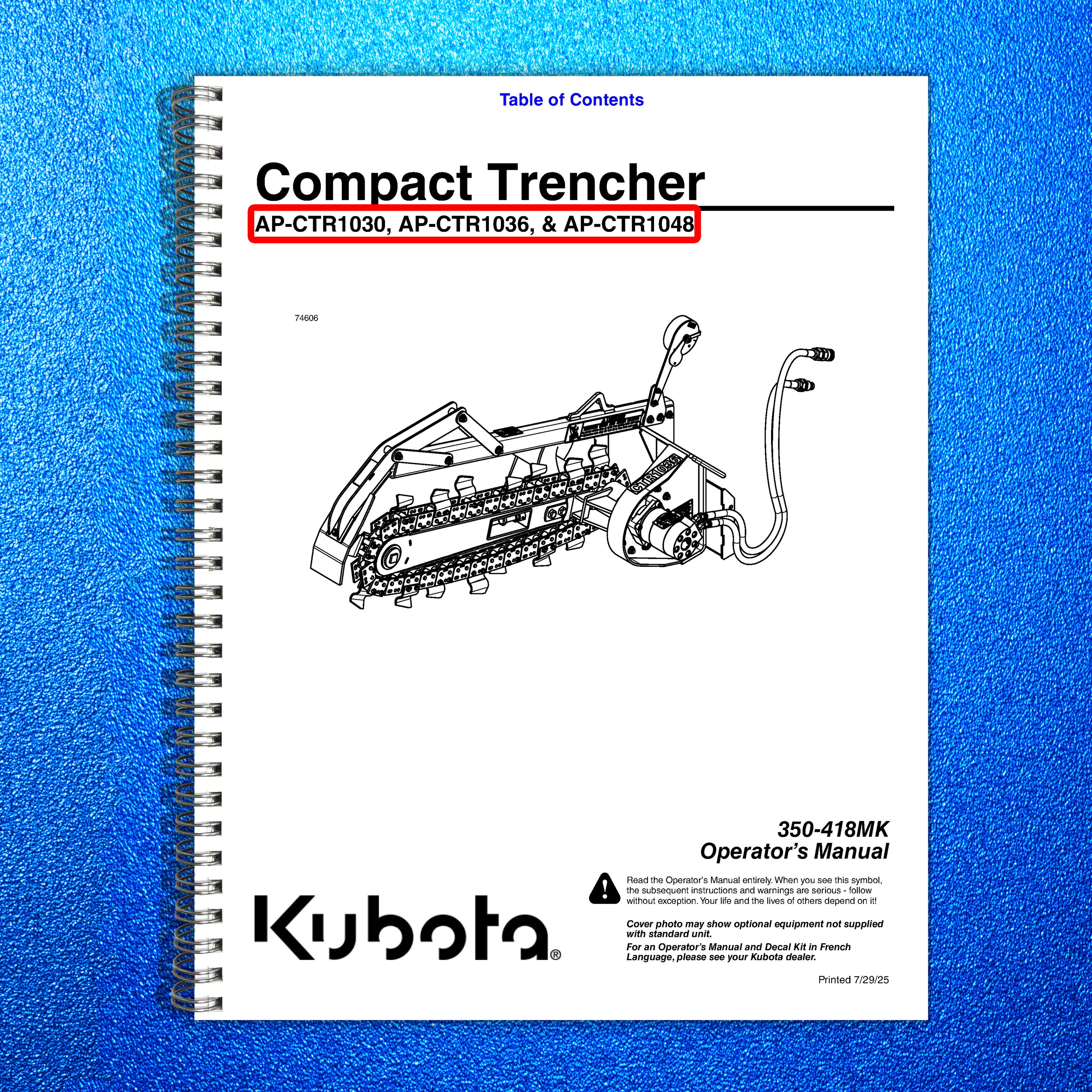 LAND PRIDE CTR10 Series Compact Trenchers Operators Manual - WIRE BOUND - COVERS