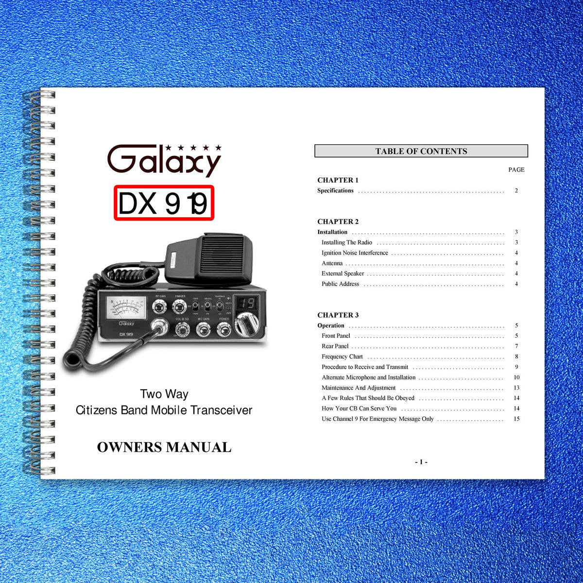 GALAXY DX 919 CB Radio Owners Manual - STEEL WIRE BOUND - PROTECTIVE COVERS
