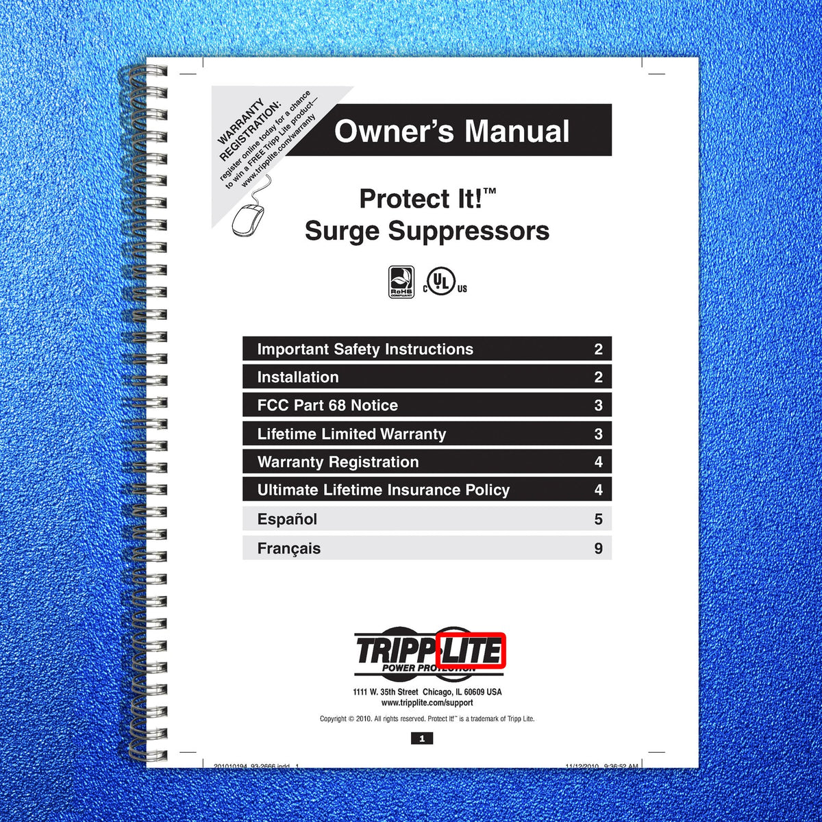 TRIPP LITE Protect It Surge Suppressor Owners Manual 2010 - WIRE BOUND - COVERS
