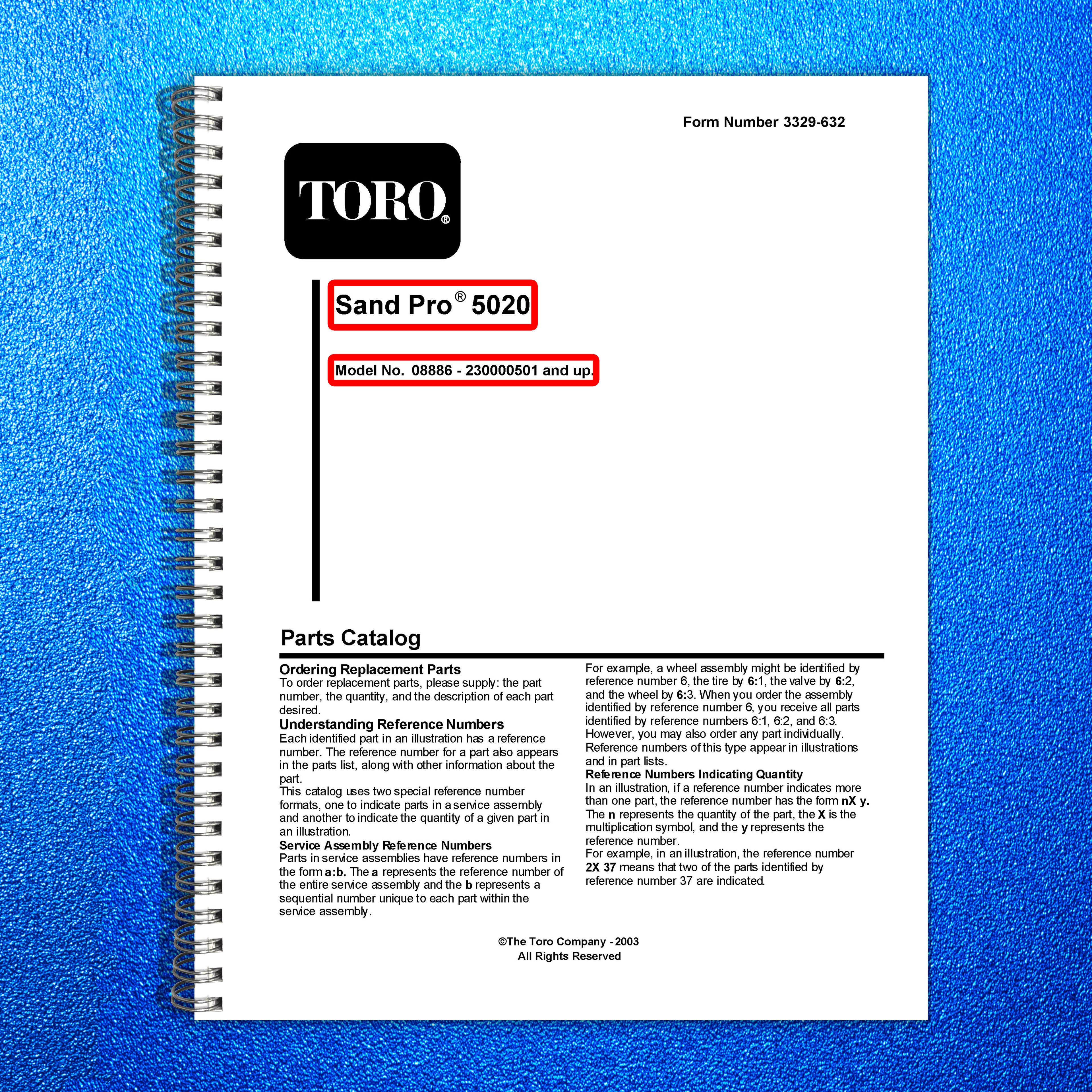 TORO Sand Pro 5020 Model 08886 Parts Catalog 2003 - WIRE BOUND - TOUGH COVERS