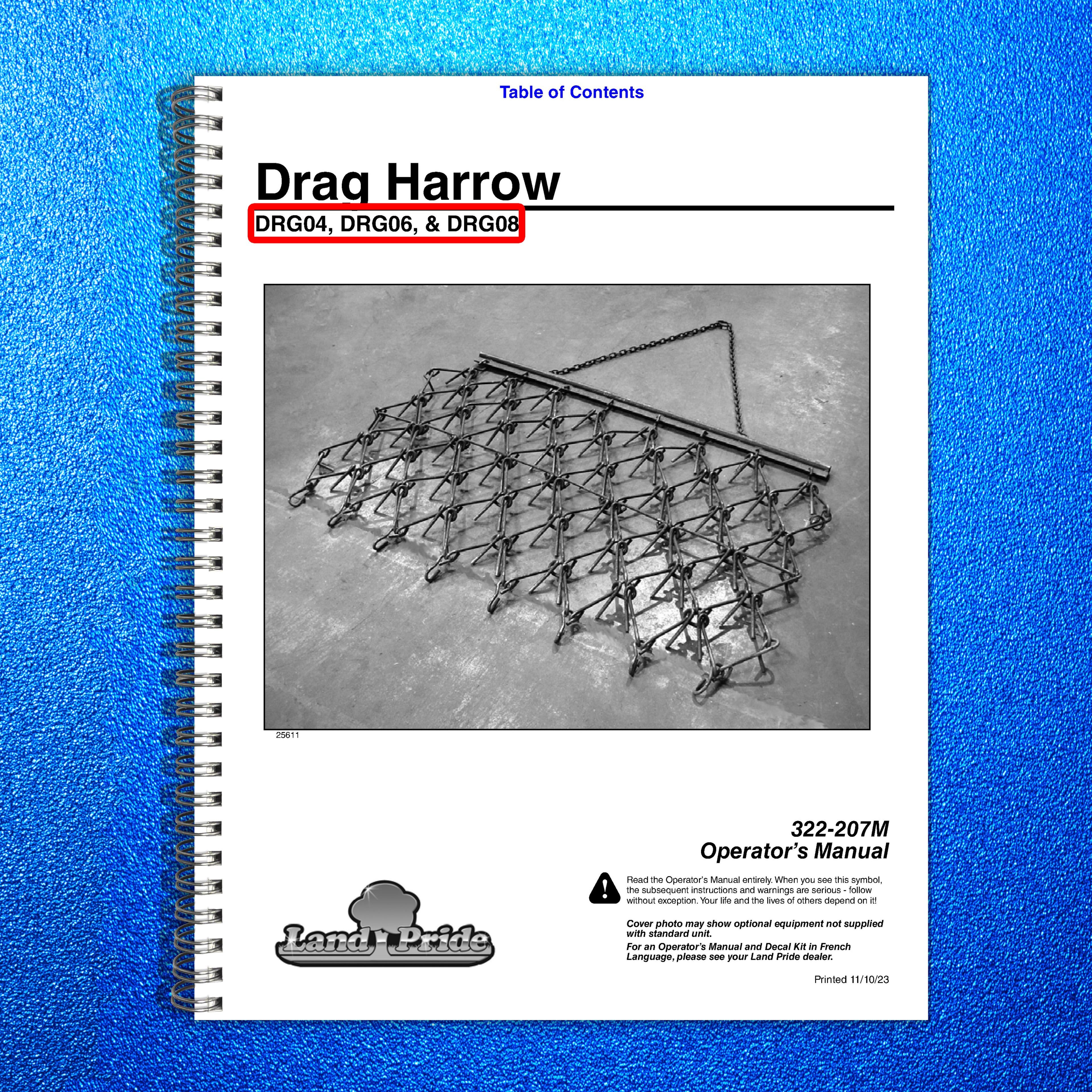 LAND PRIDE DRG Drag Harrows Operators Manual - STEEL WIRE BOUND - TOUGH COVERS