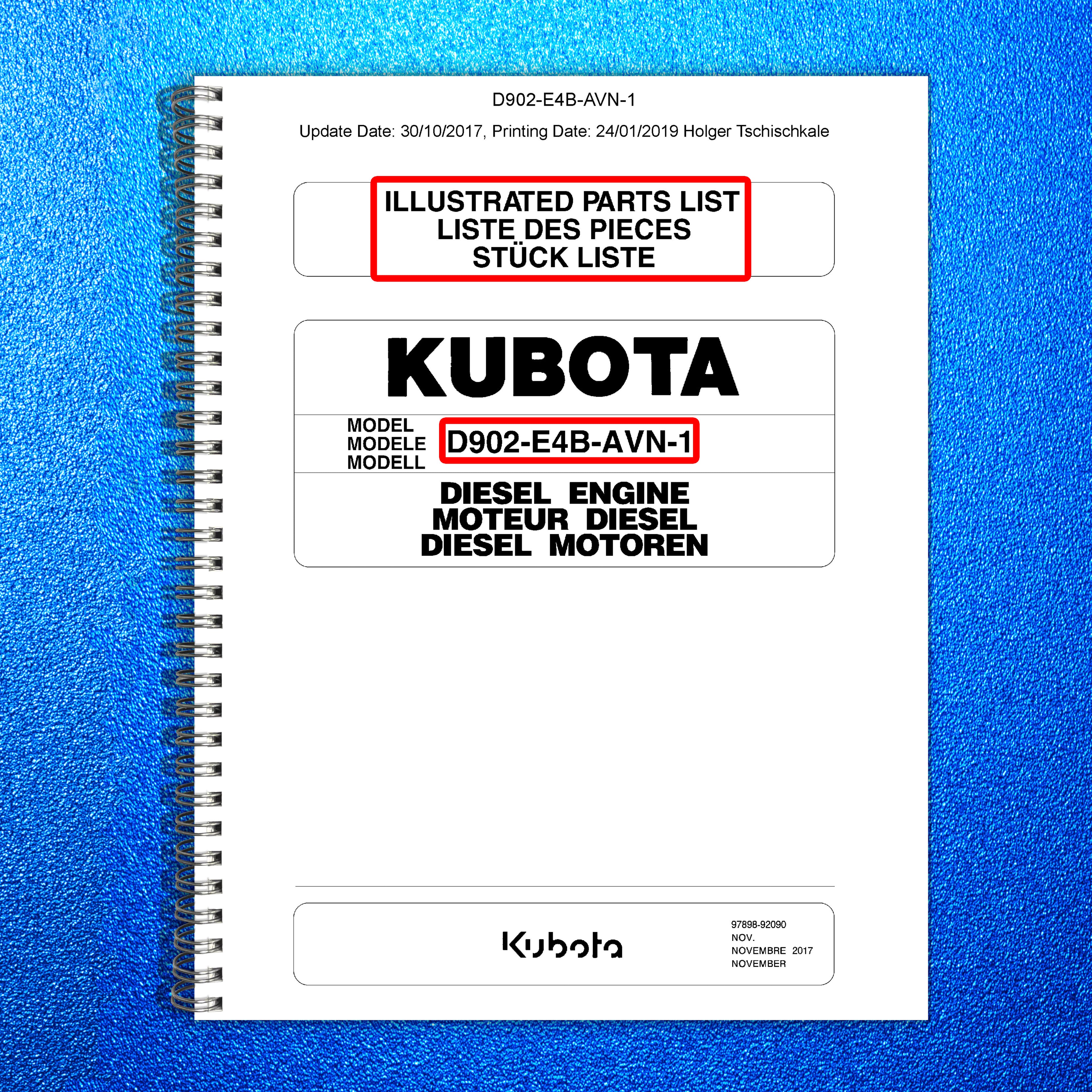 KUBOTA D902-E4B Engine Illustrated Parts List Manual - WIRE BOUND - TOUGH COVERS