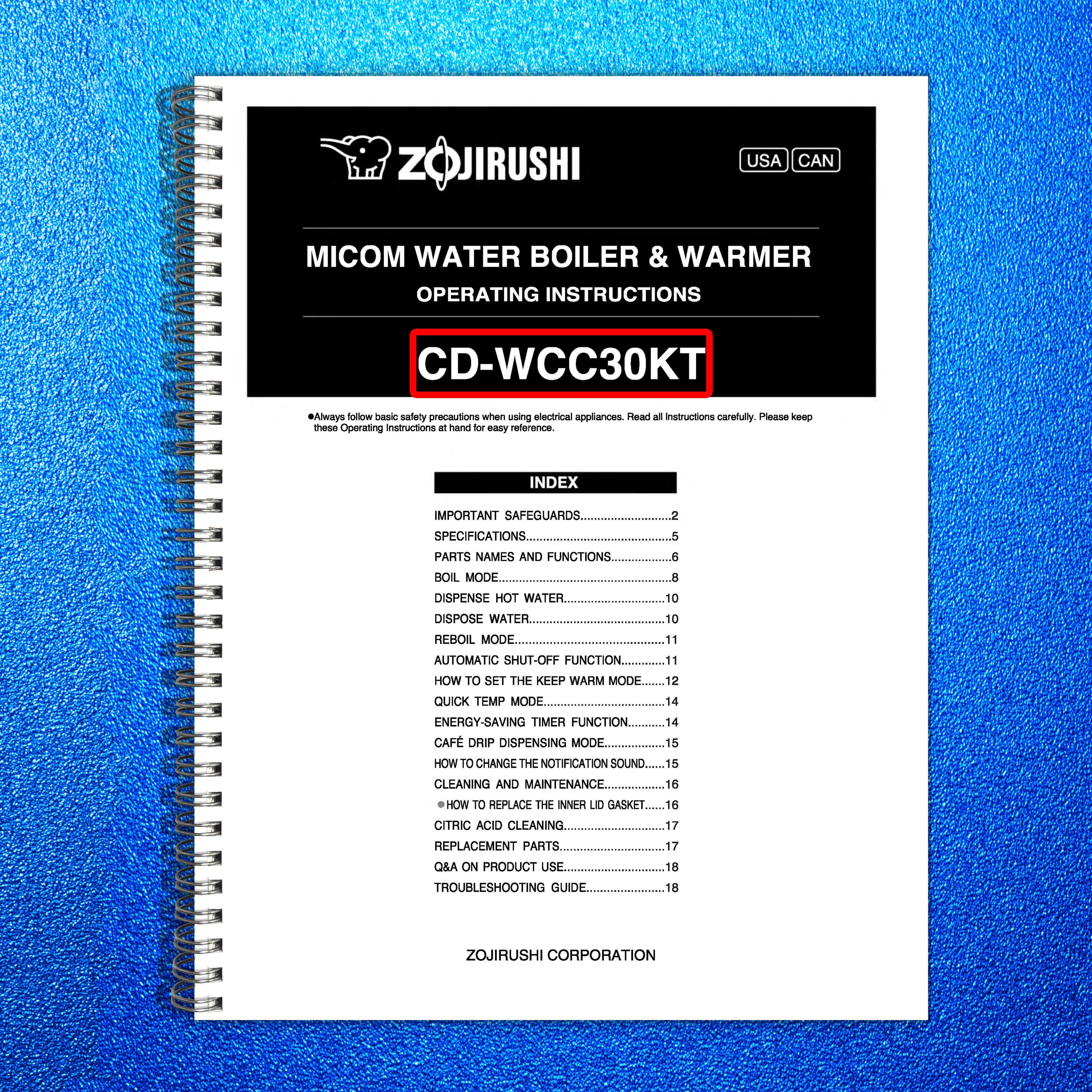 ZOJIRUSHI CD-WCC30KT Micom Water Boiler  Operating Instructions Manual - BOUND