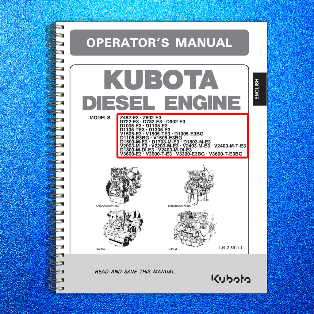 KUBOTA Z482-E3 & MORE DIESEL ENGINES OPERATORS MANUAL - STEEL WIRE BOUND, COVERS