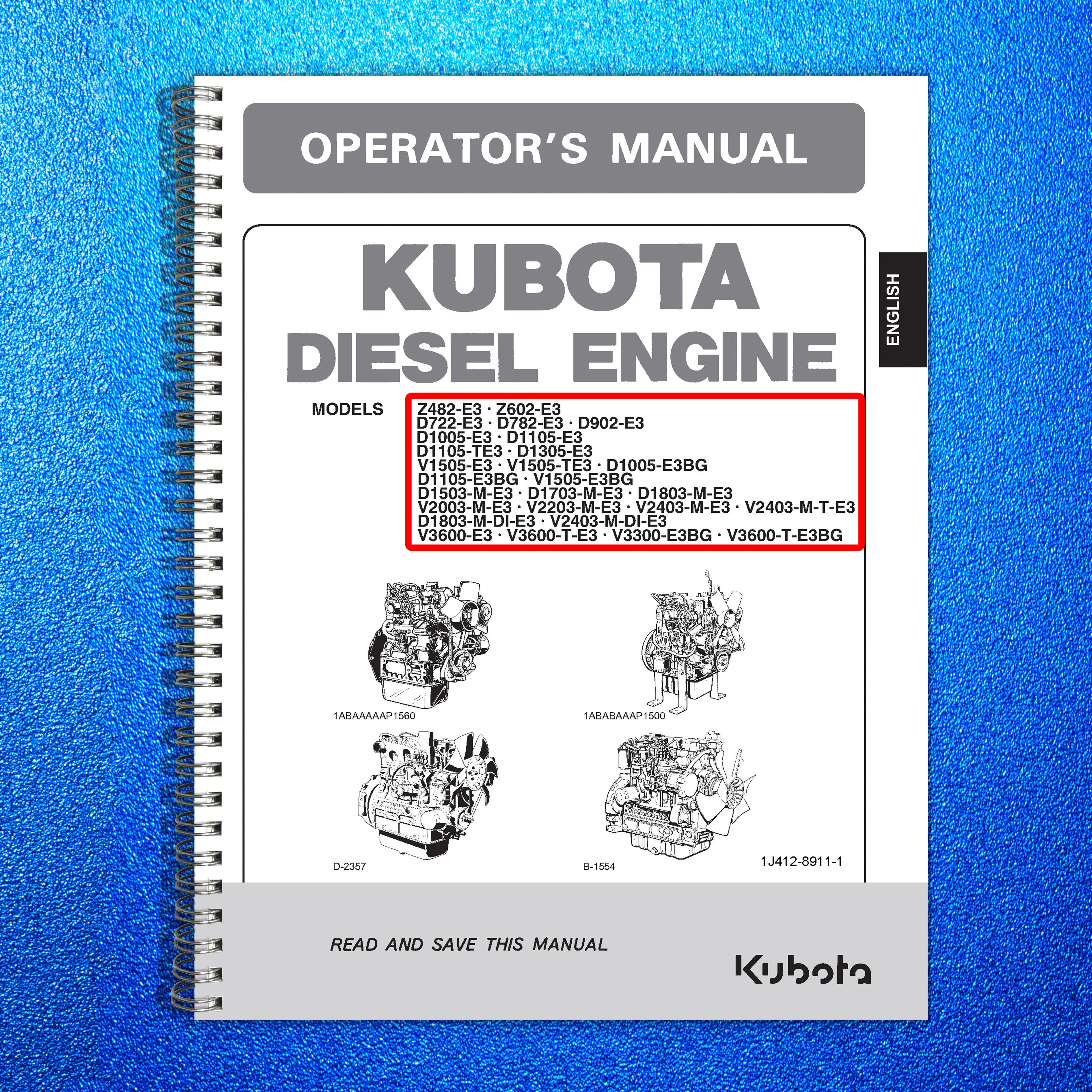 KUBOTA Z482-E3 & MORE DIESEL ENGINES OPERATORS MANUAL - STEEL WIRE BOUND, COVERS