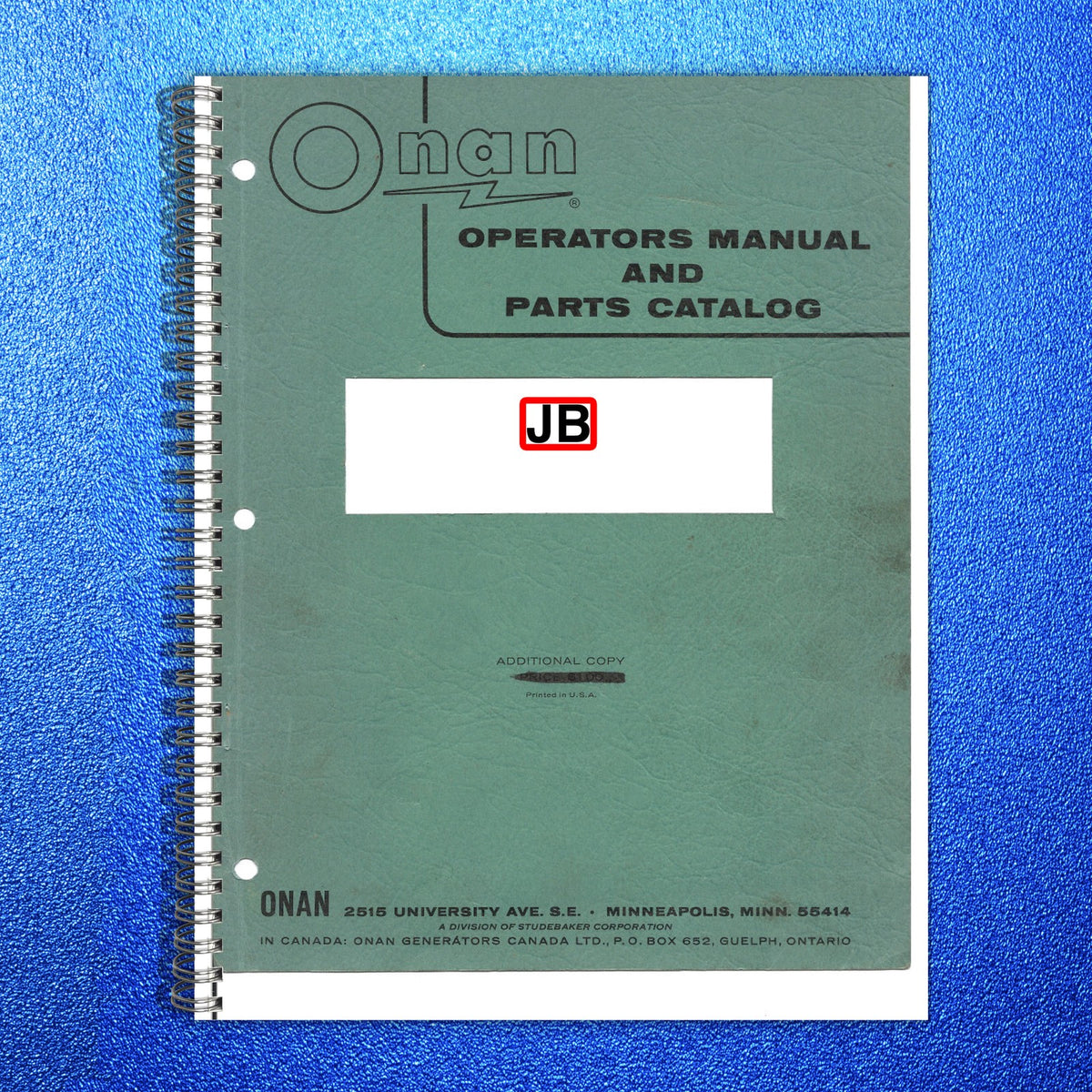 ONAN JB Series Genset Operators And Parts Manual - WIRE BOUND - TOUGH COVERS