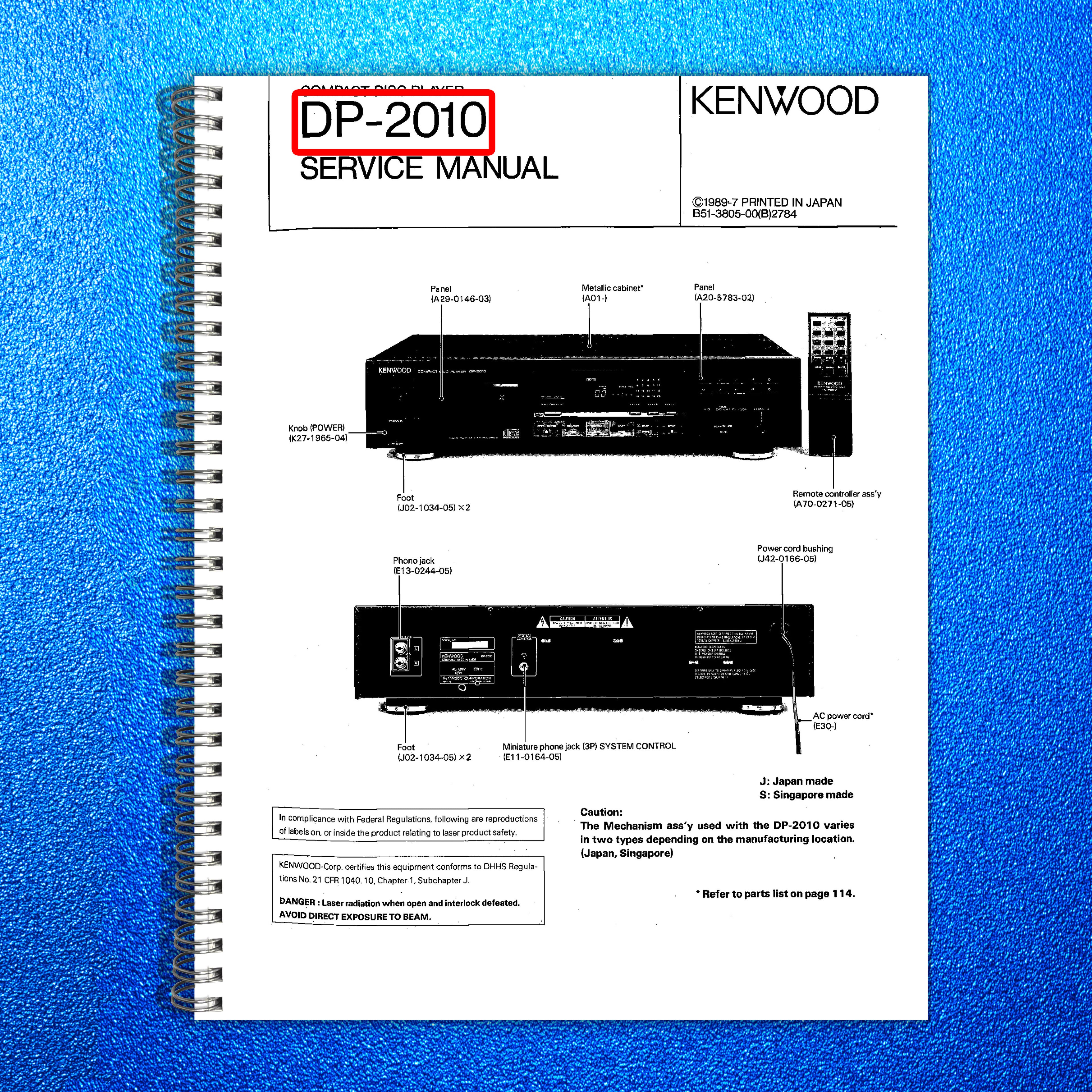 KENWOOD DP-2010 Compact Disc Player Service Manual 1989, BOUND, COVERS, FOLDOUTS
