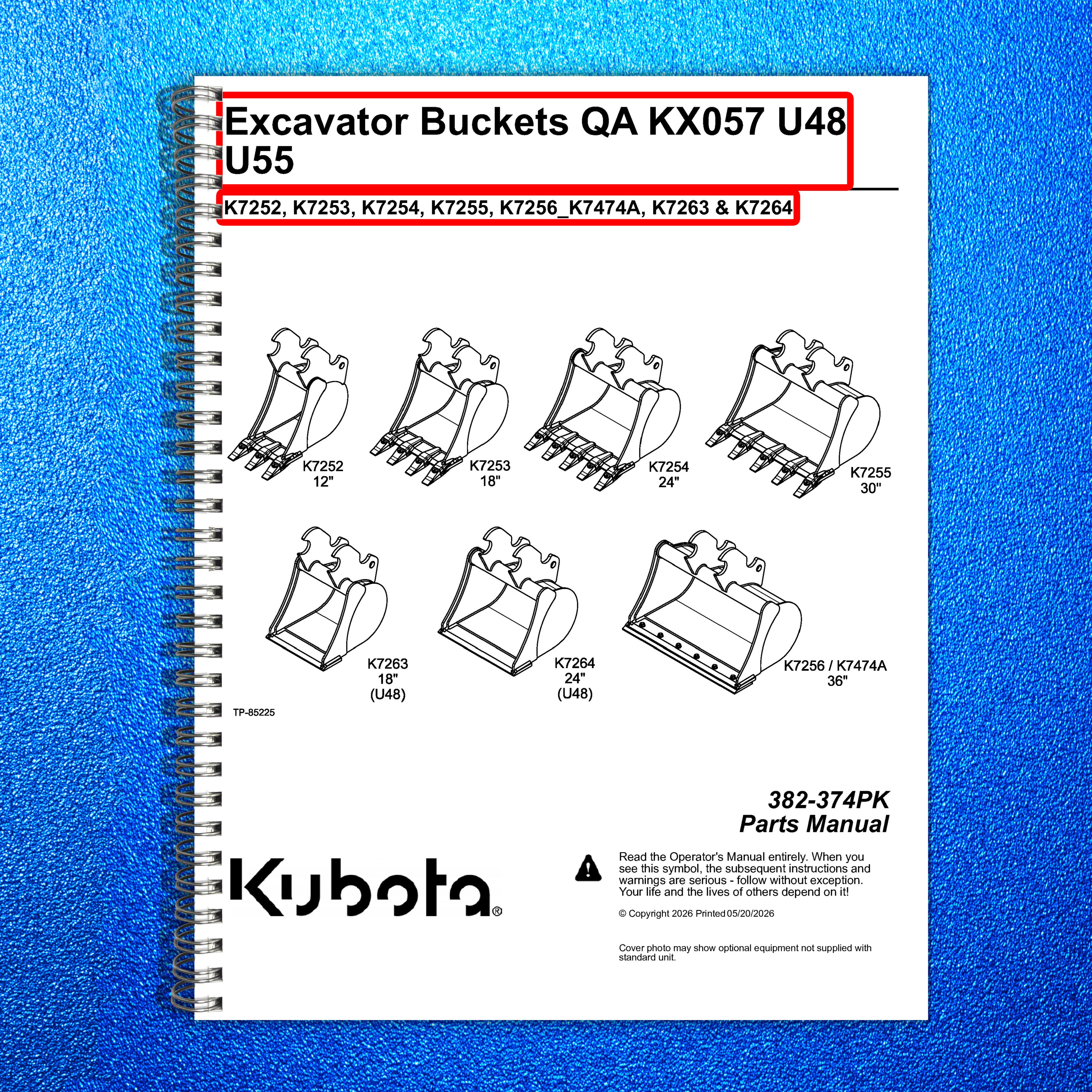 LAND PRIDE K72XX U48 K-series Excavator Buckets Parts Manual 2026 - WIRE BOUND