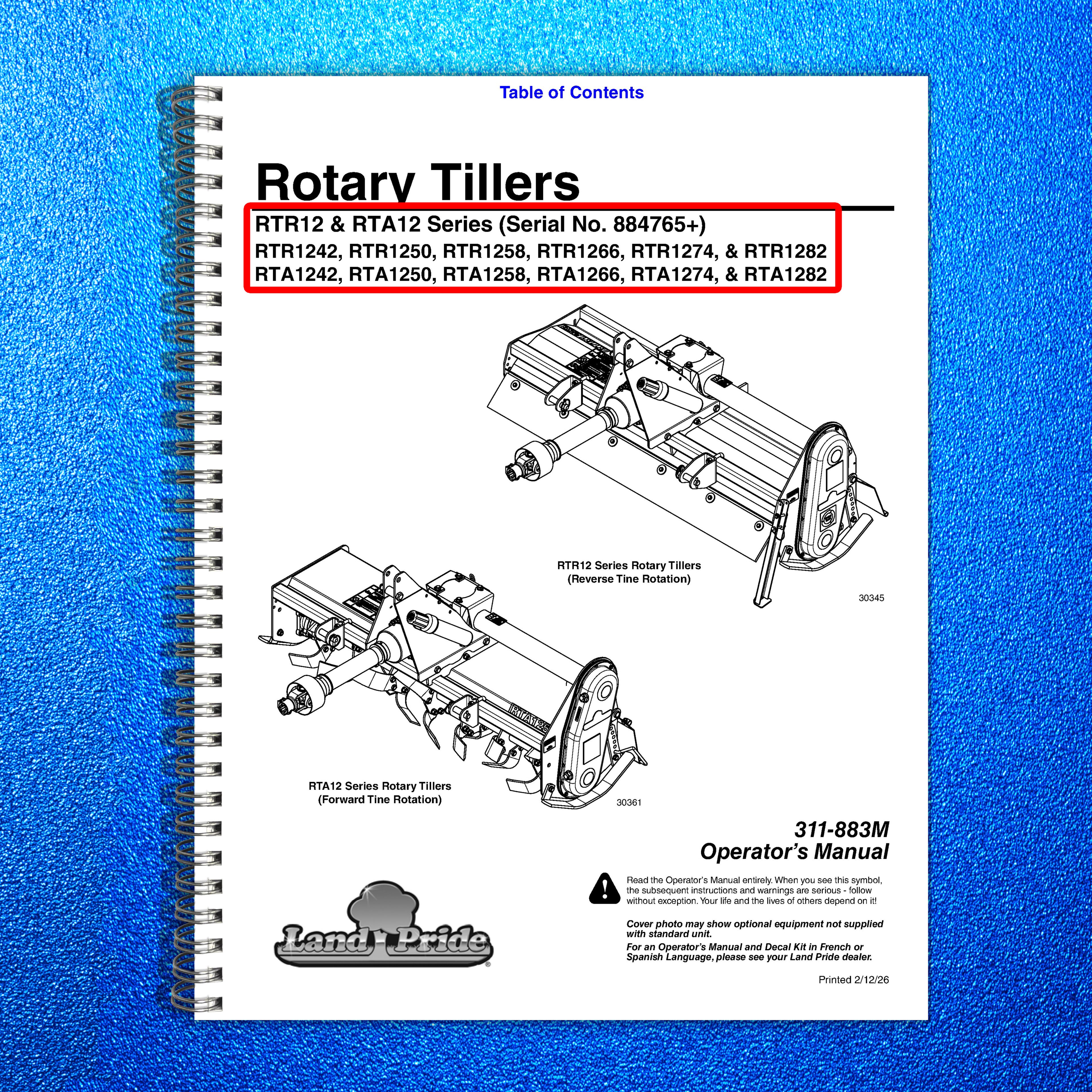LAND PRIDE RTA12 Series Forward Rotation Rotary Tillers Operators Manual - BOUND