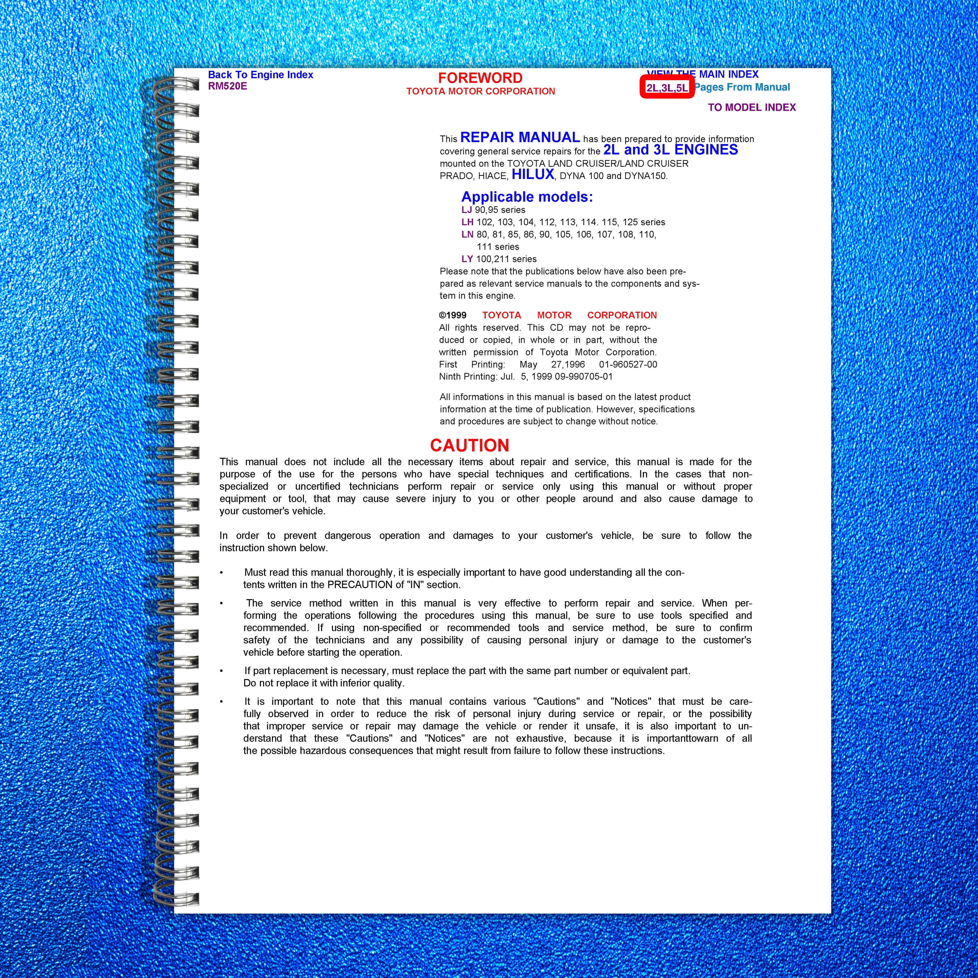 TOYOTA 2L 3L Diesel Engine Repair Manual 1999 - STEEL WIRE BOUND - TOUGH COVERS