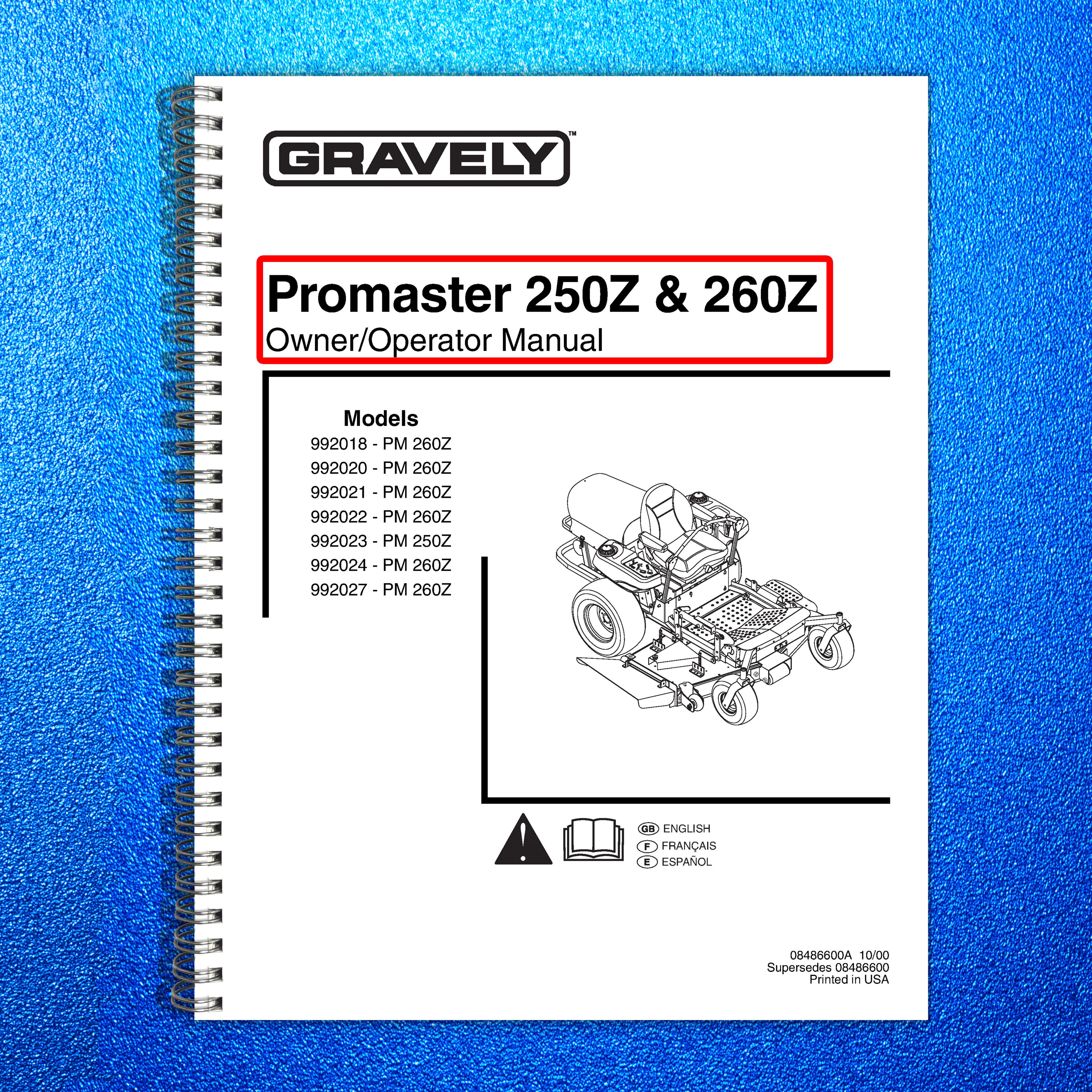 GRAVELY Promaster 250Z 260Z Owner Operator Manual - WIRE BOUND - TOUGH COVERS