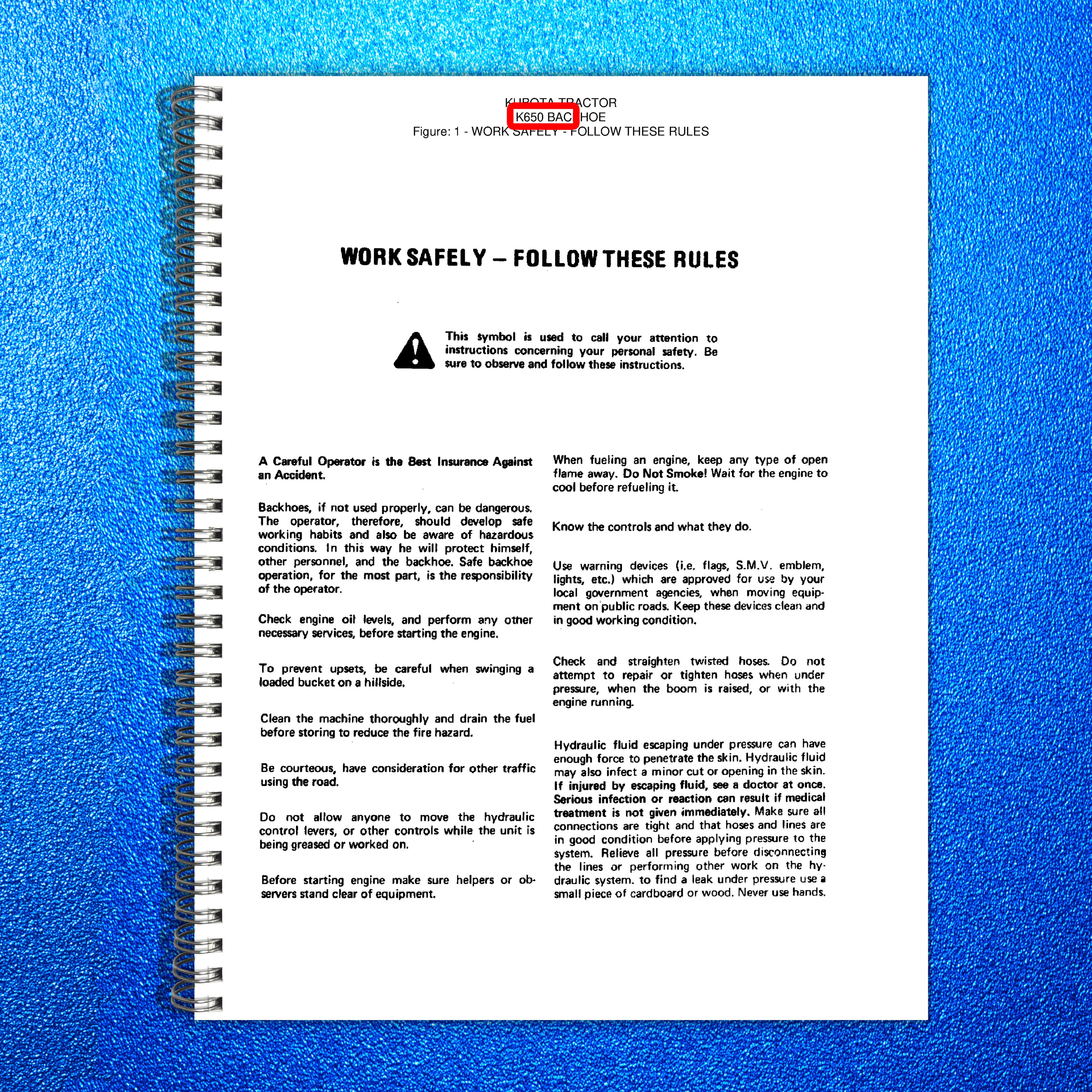 KUBOTA K650 Backhoe Assembly And Maintenance Manual - WIRE BOUND - TOUGH COVERS