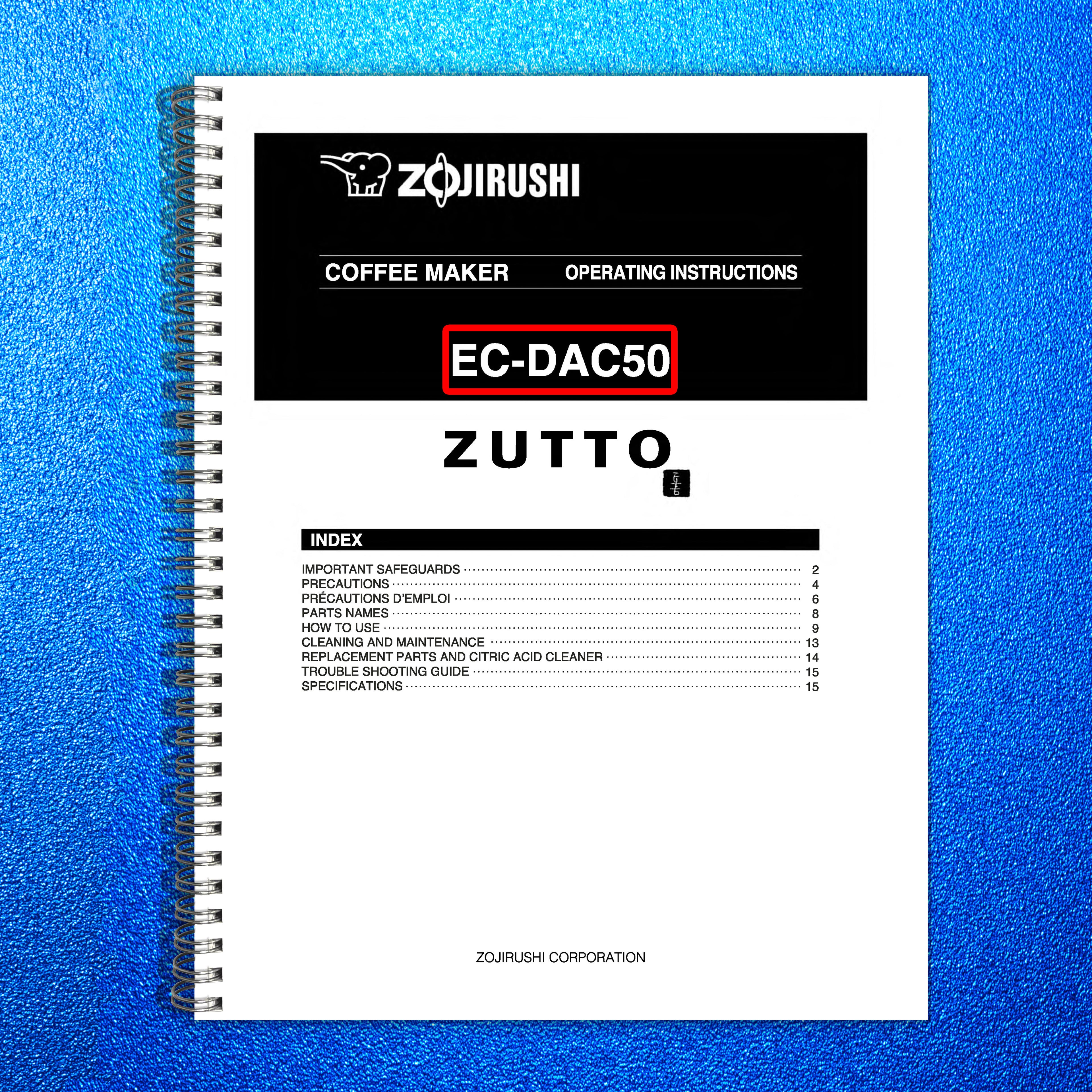 ZOJIRUSHI EC-DAC50 Zutto Coffee Maker Operating Instructions Manual - WIRE BOUND
